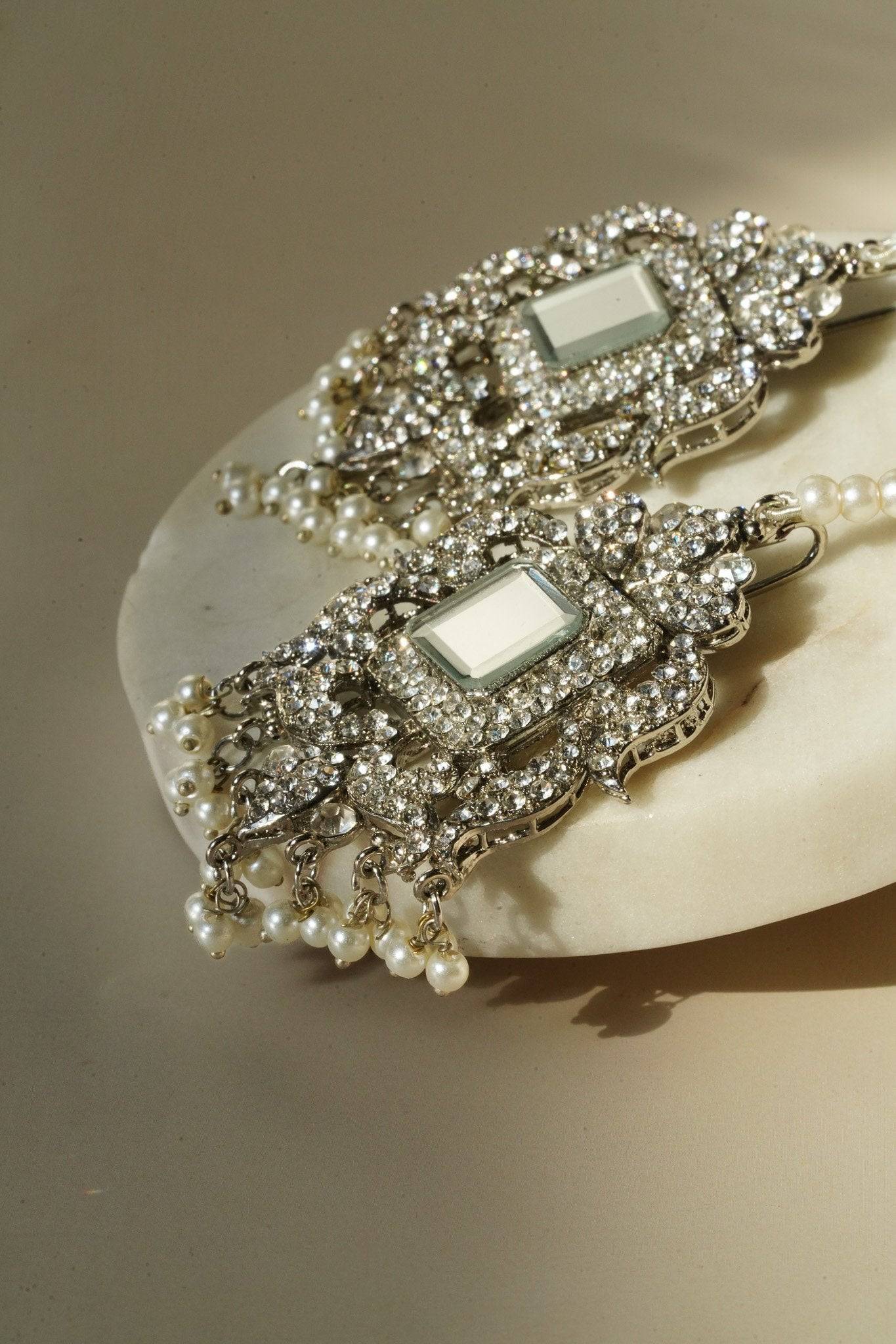 Shanzay Choker Necklace Set - Silver or gold plating with mirror embellishments, white stones, and pearls. Perfect for special occasions and everyday elegance.
