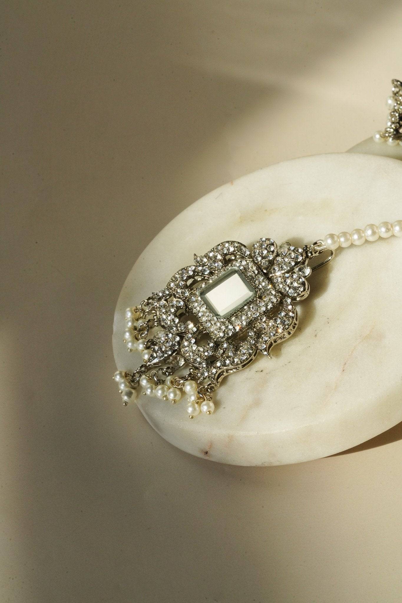 Shanzay Choker Necklace Set - Silver or gold plating with mirror embellishments, white stones, and pearls. Perfect for special occasions and everyday elegance.