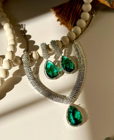 Sharmine Pavé Rhodium Plated Necklace Set in Turquoise Green by Inaury | Indian Jewelry