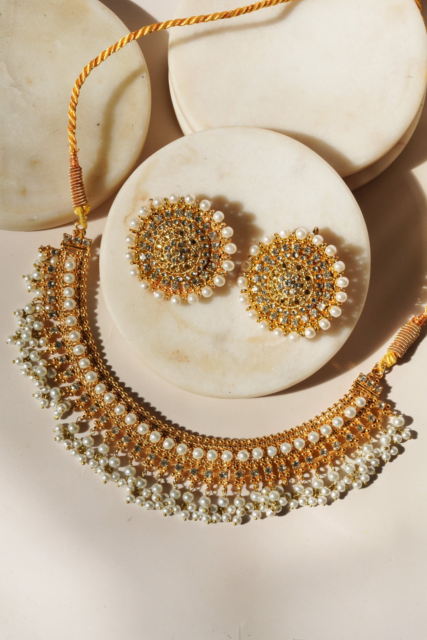 Shehnaz - Gold Necklace Set With Large Round Stud Earrings Classic Necklace Set from Inaury
