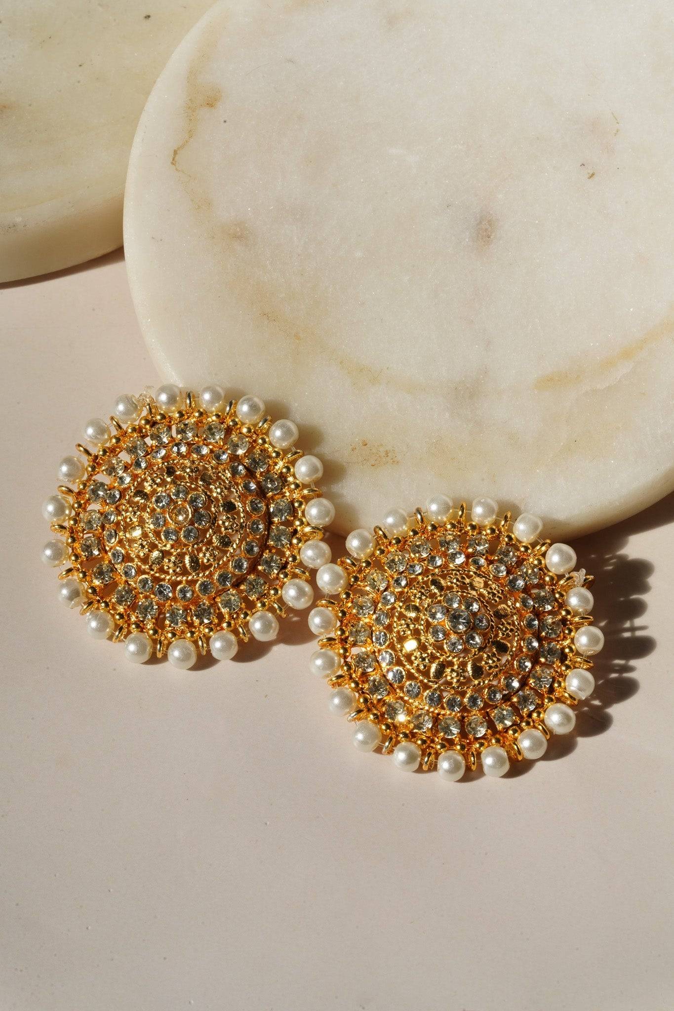 Shehnaz - Gold Necklace Set With Large Round Stud Earrings Classic Necklace Set from Inaury