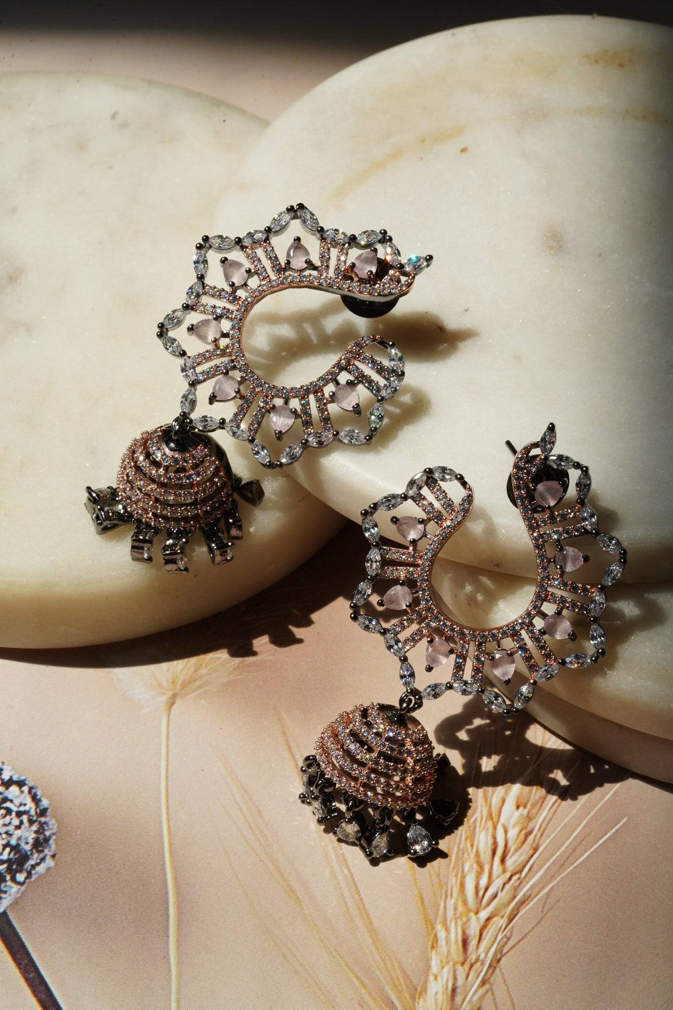 Shifa - Oxidized Black Plated and Peach AD Jhumka Earrings Jhumkas from Inaury