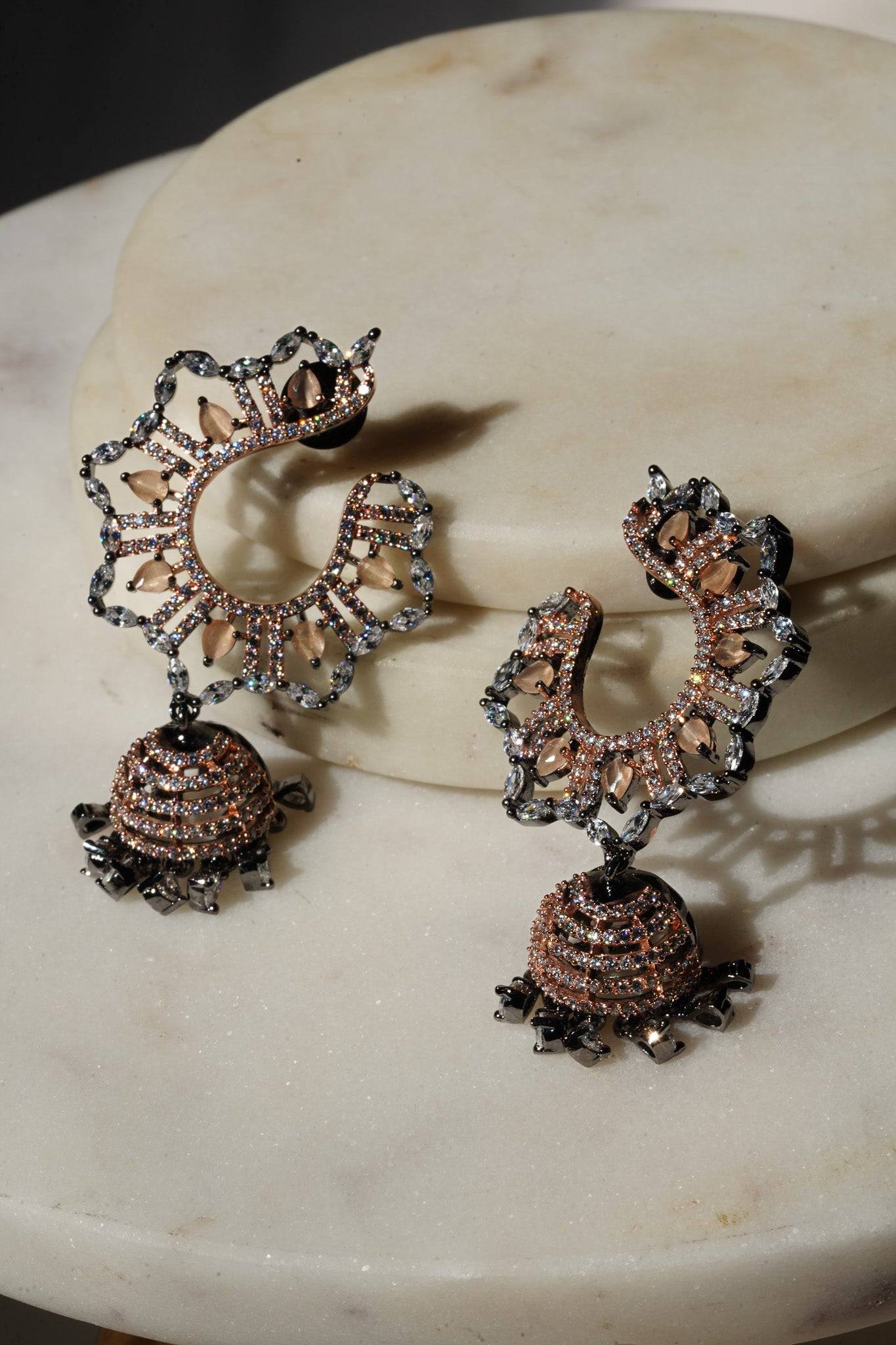 Shifa - Oxidized Black Plated and Peach AD Jhumka Earrings Jhumkas from Inaury