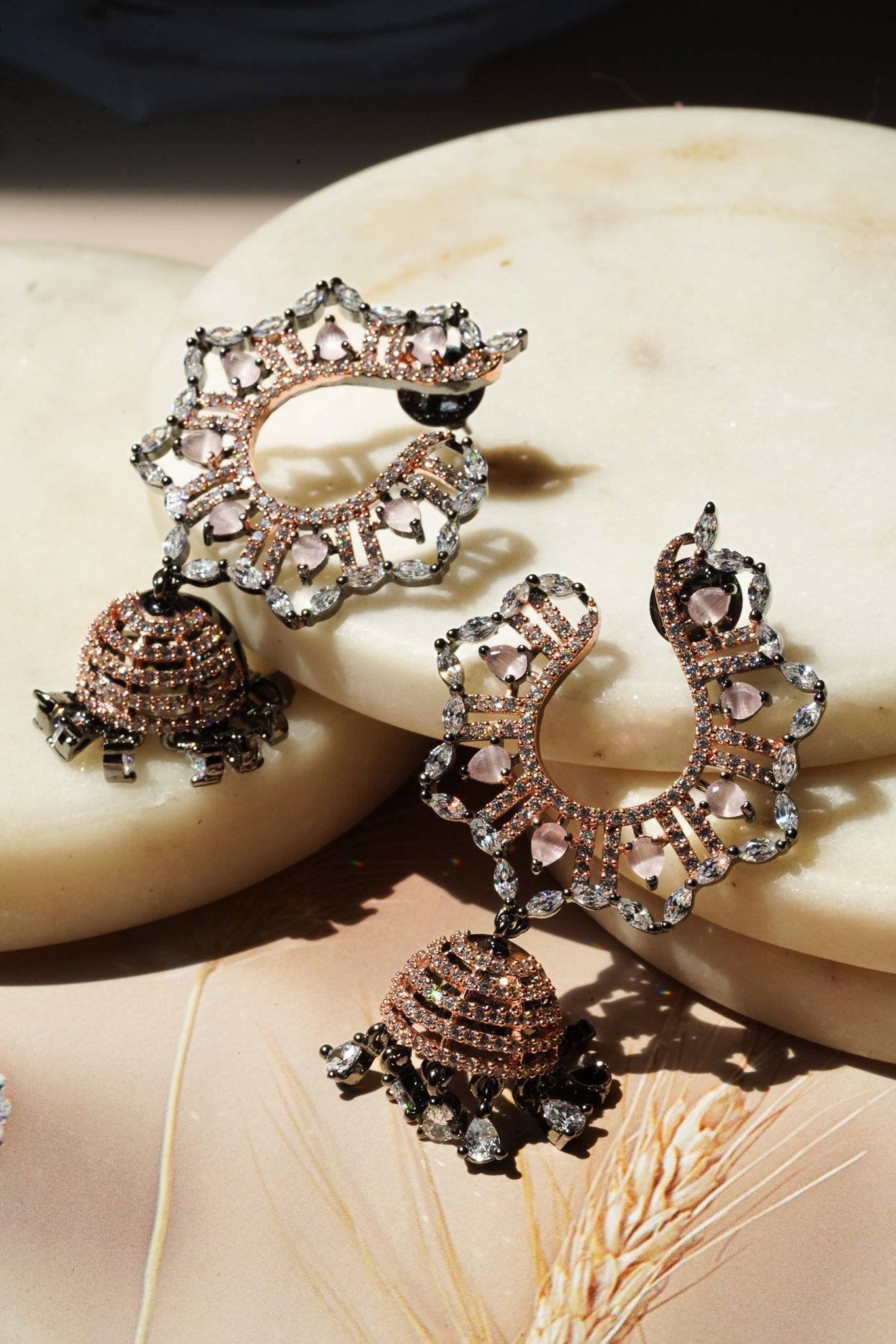 Shifa - Oxidized Black Plated and Peach AD Jhumka Earrings Jhumkas from Inaury