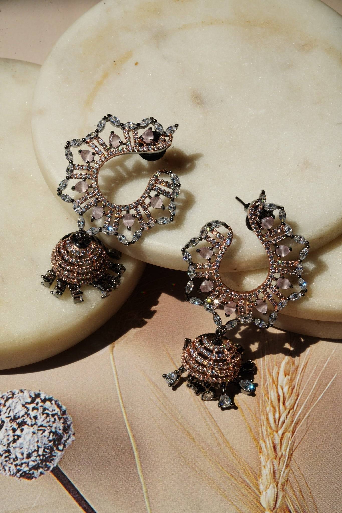 Shifa - Oxidized Black Plated and Peach AD Jhumka Earrings Jhumkas from Inaury