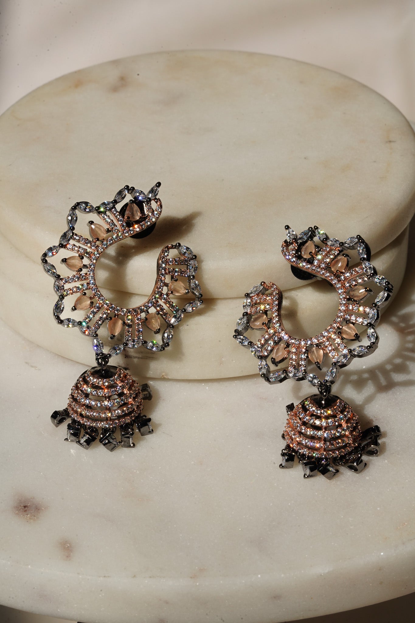 Shifa - Oxidized Black Plated and Peach AD Jhumka Earrings Jhumkas from Inaury