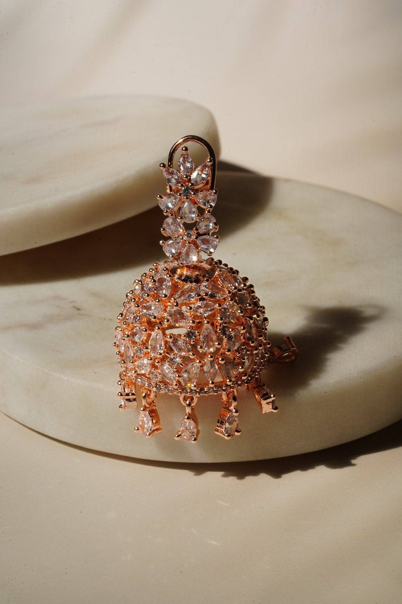 Sneha Floral Jhumka Earrings - Rhodium or rose gold plated, featuring a detailed floral print design, perfect for Western and Indian attire.