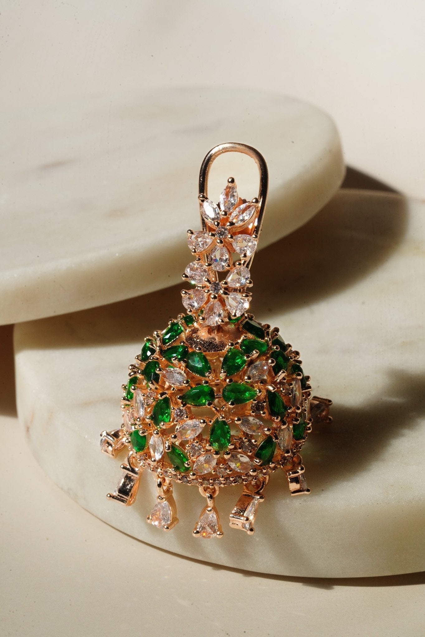 Sneha Floral Jhumka Earrings - Rhodium or rose gold plated, featuring a detailed floral print design, perfect for Western and Indian attire.