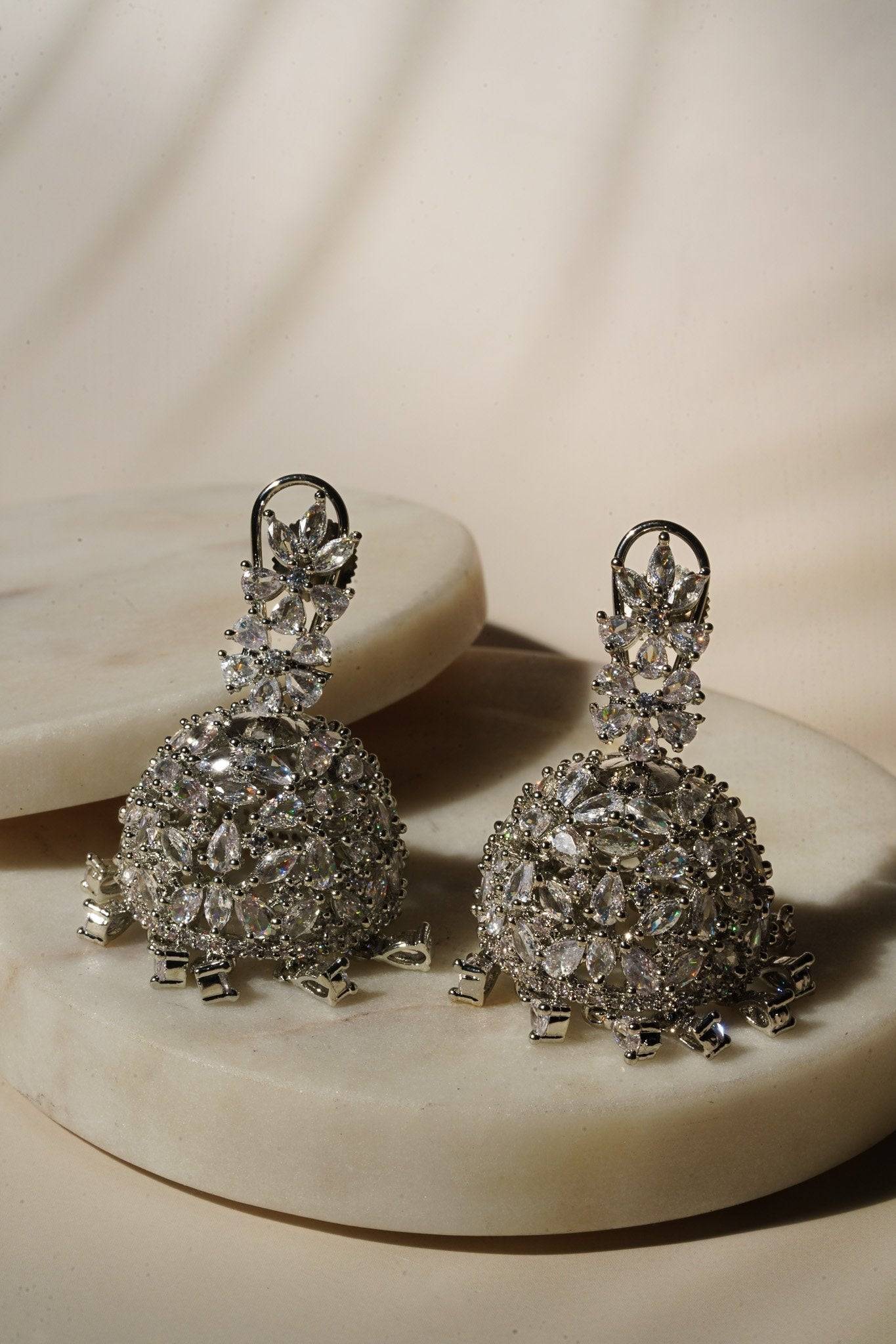 Sneha Floral Jhumka Earrings - Rhodium or rose gold plated, featuring a detailed floral print design, perfect for Western and Indian attire.