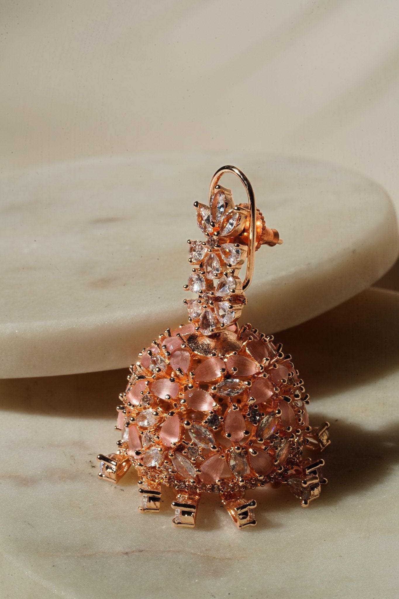 Sneha Floral Jhumka Earrings - Rhodium or rose gold plated, featuring a detailed floral print design, perfect for Western and Indian attire.