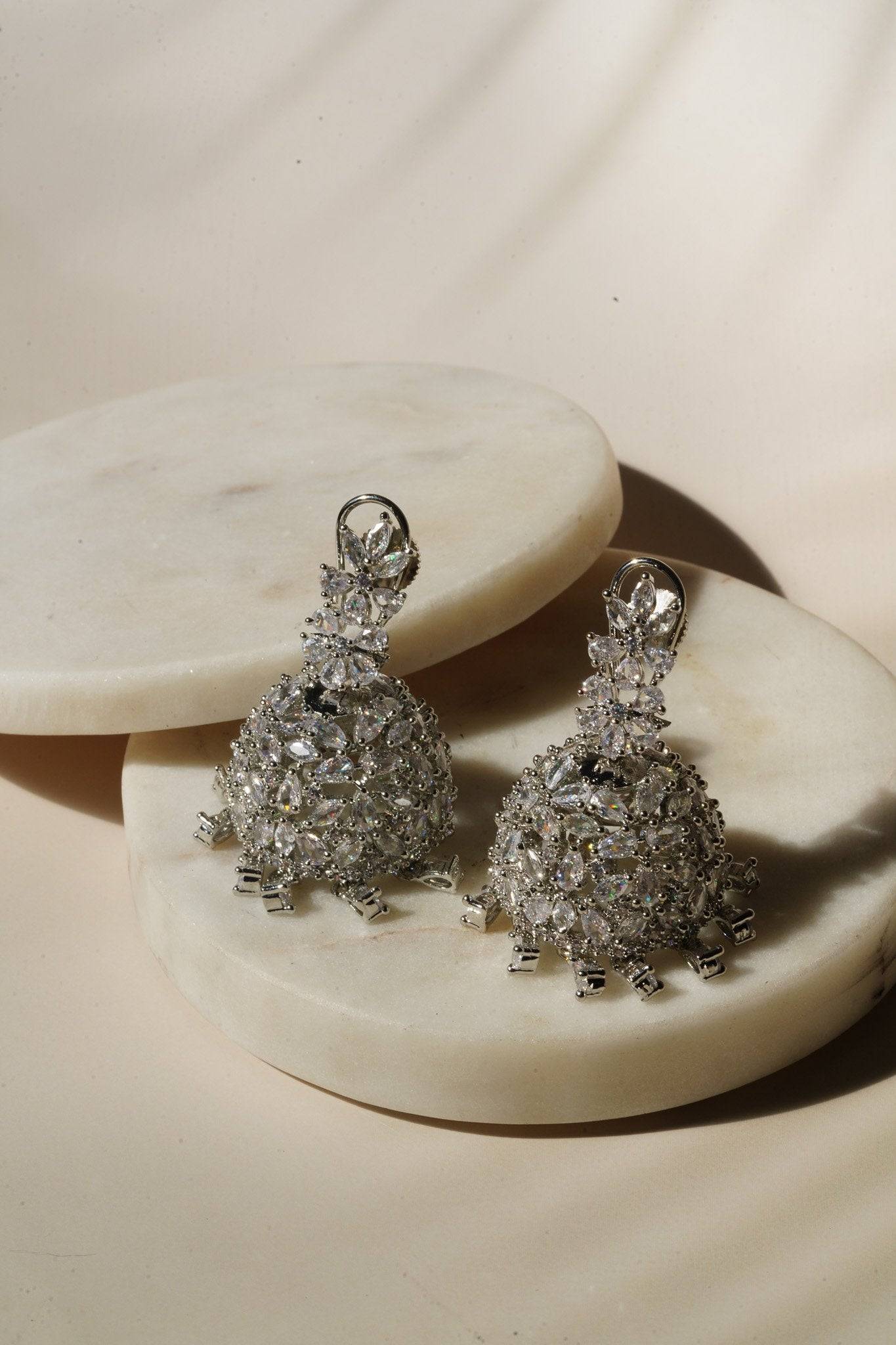 Sneha Floral Jhumka Earrings - Rhodium or rose gold plated, featuring a detailed floral print design, perfect for Western and Indian attire.