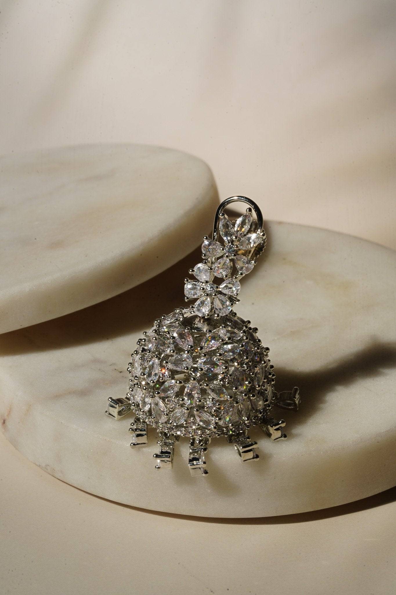 Sneha Floral Jhumka Earrings - Rhodium or rose gold plated, featuring a detailed floral print design, perfect for Western and Indian attire.