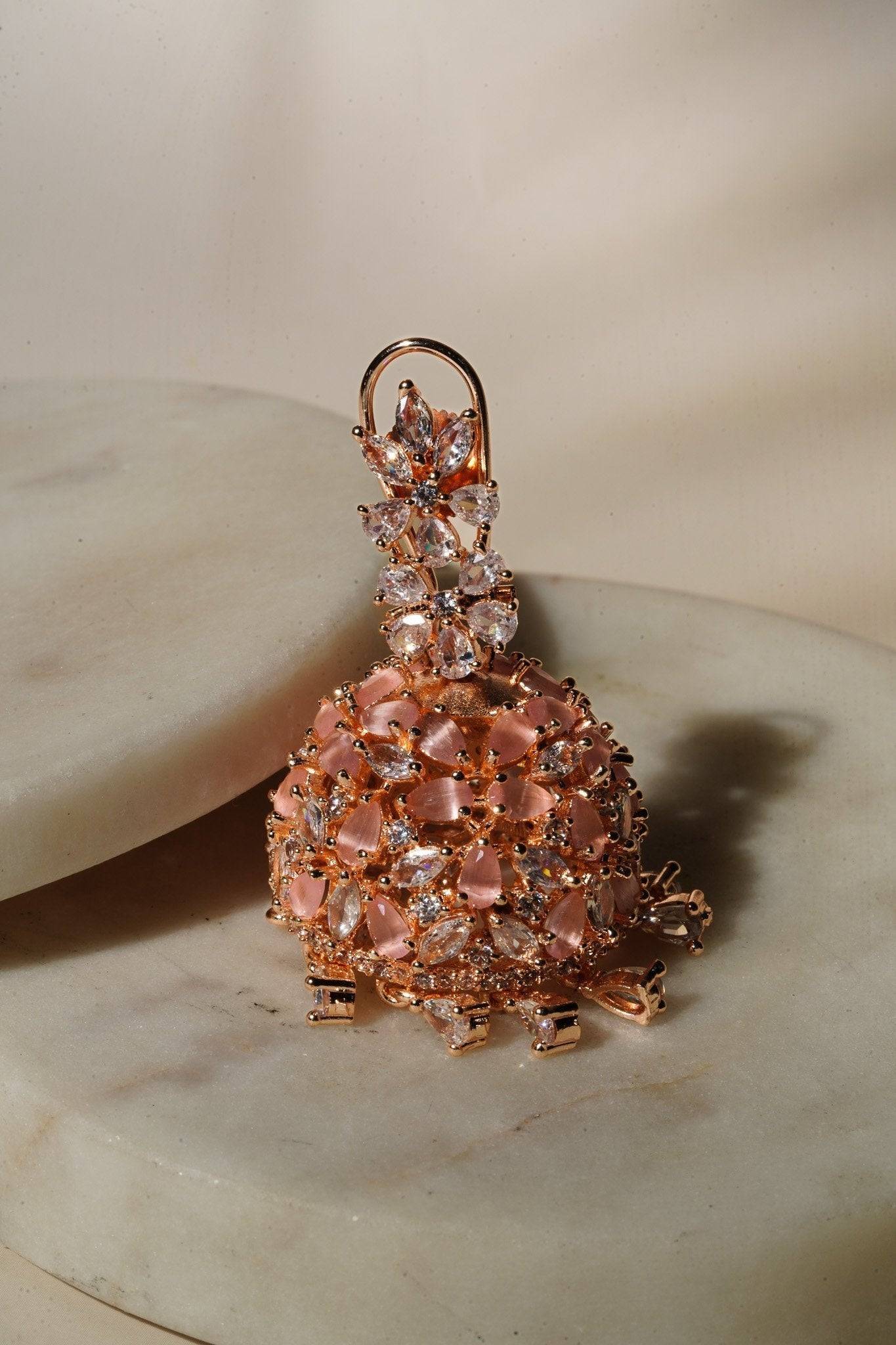 Sneha Floral Jhumka Earrings - Rhodium or rose gold plated, featuring a detailed floral print design, perfect for Western and Indian attire.