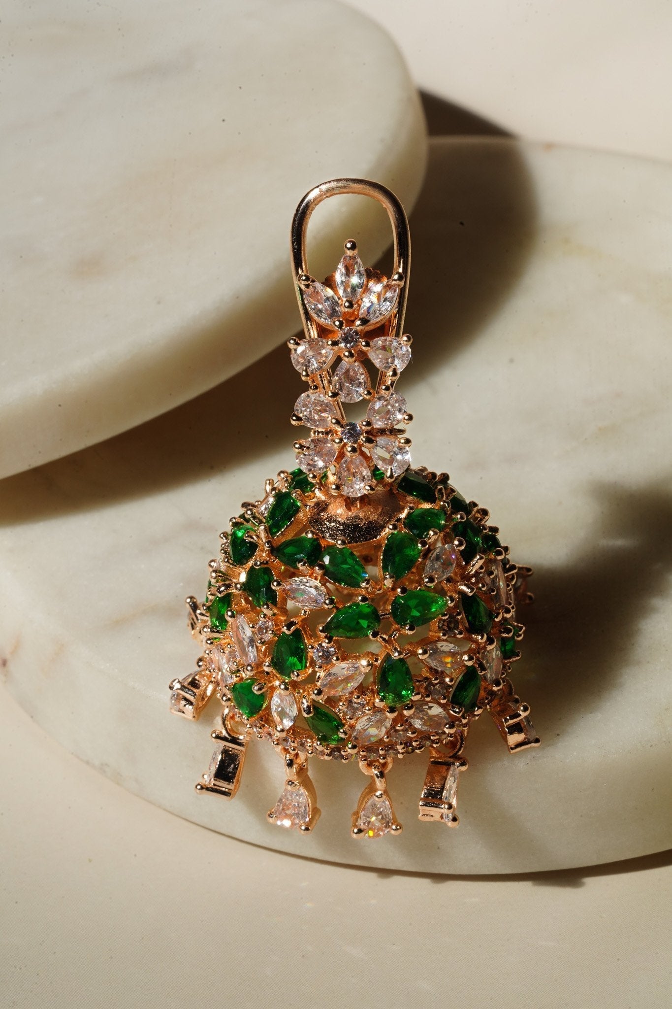 Sneha Floral Jhumka Earrings - Rhodium or rose gold plated, featuring a detailed floral print design, perfect for Western and Indian attire.