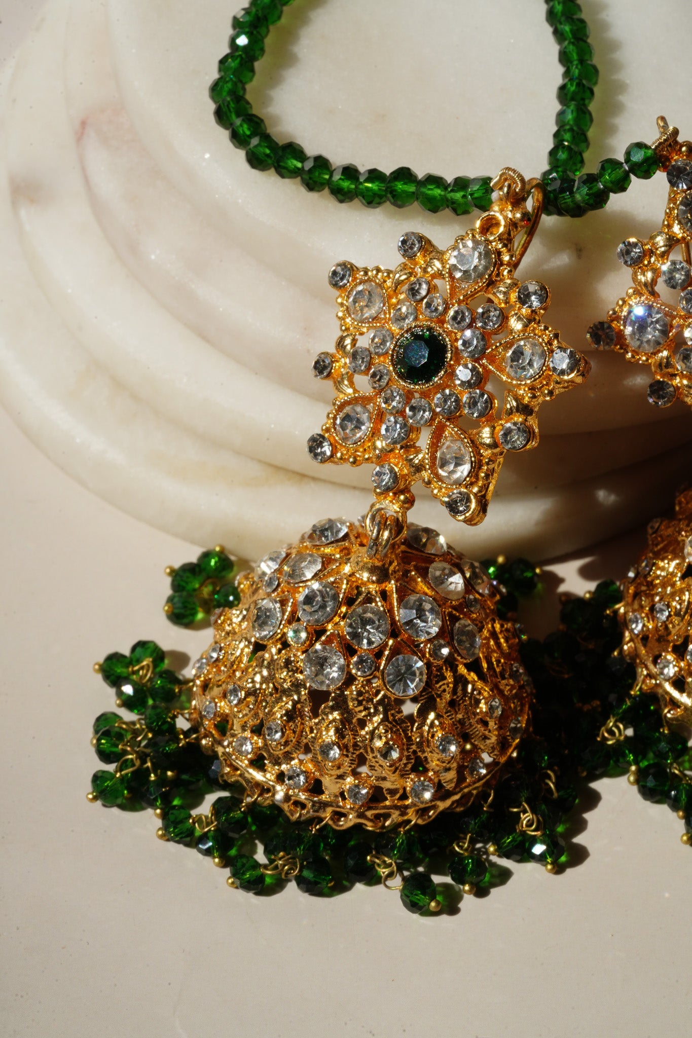 Tania - Lightweight Jhumka With Beaded Tana Chain - Inaury - Gold & Green - Star Shaped Top - AC - AC Earrings - All