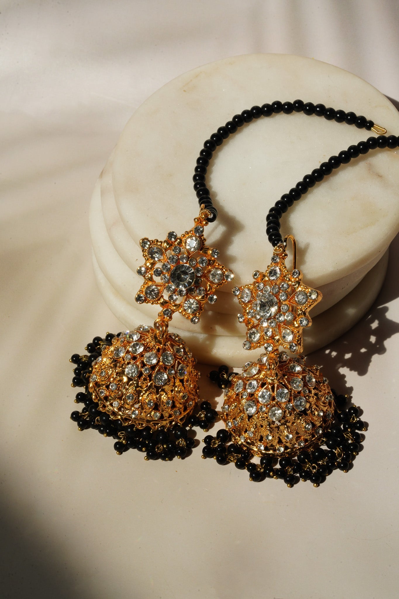 Tania - Lightweight Jhumka With Beaded Tana Chain - Inaury - Gold & Multicolor - Paan Shaped Top - 2 - AC - AC Earrings - All