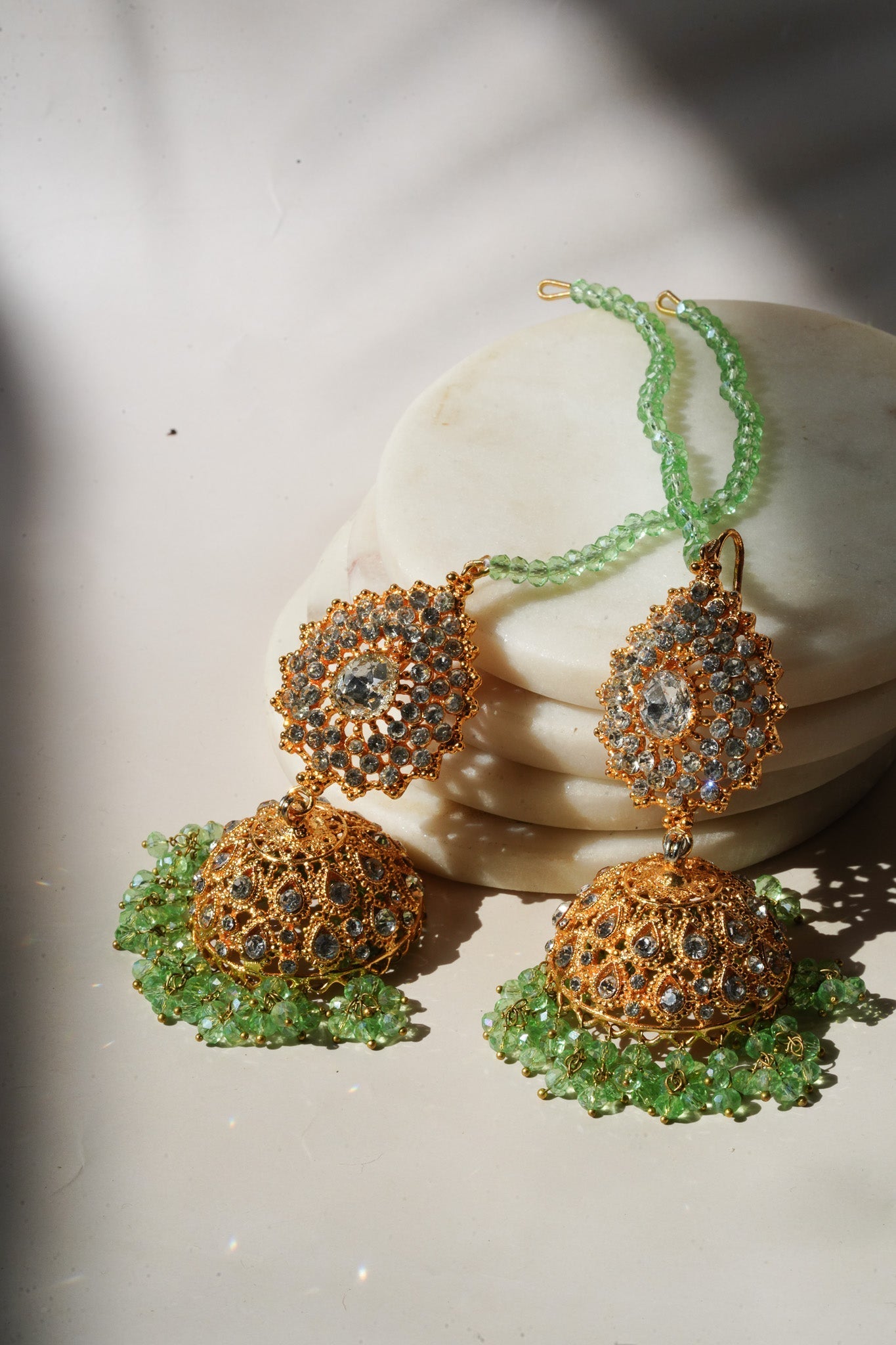 Tania - Lightweight Jhumka With Beaded Tana Chain - Inaury - Gold & Sage Green - Paan Shaped Top - 2 - AC - AC Earrings - All