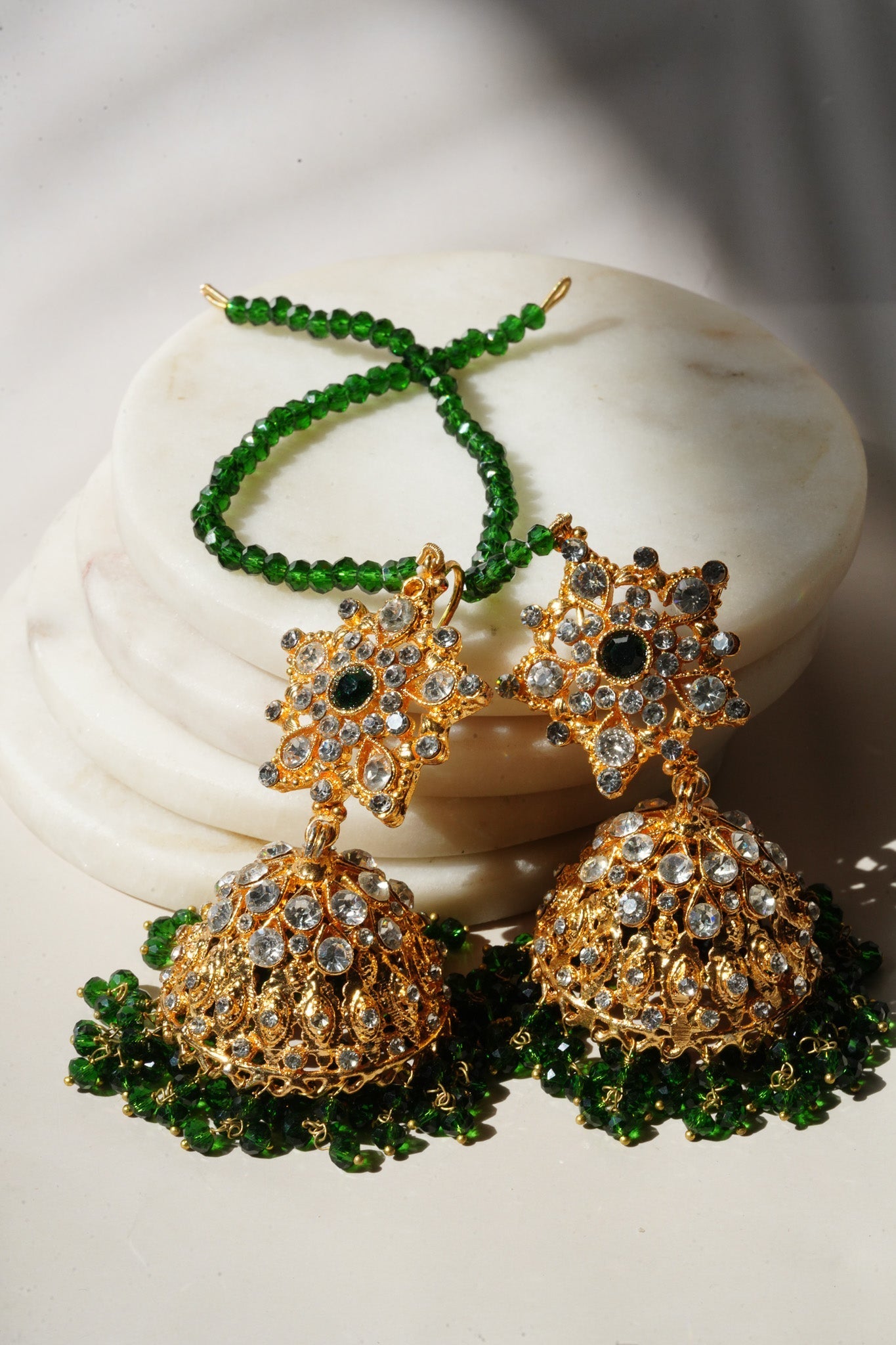 Tania - Lightweight Jhumka With Beaded Tana Chain - Inaury - Gold & Green - Star Shaped Top - AC - AC Earrings - All