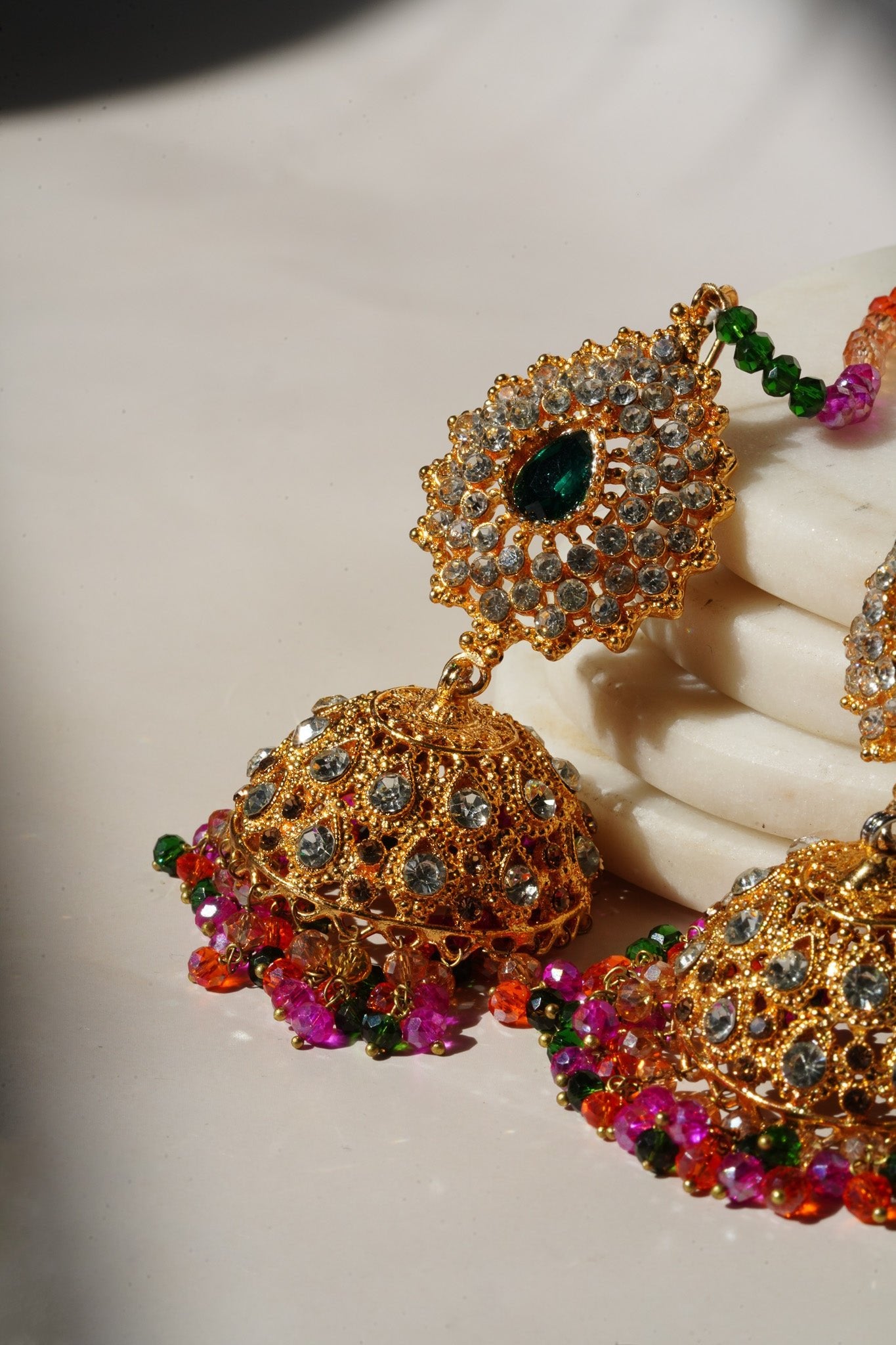 Tania - Lightweight Jhumka With Beaded Tana Chain - Inaury - Gold & Multicolor - Paan Shaped Top - 2 - AC - AC Earrings - All