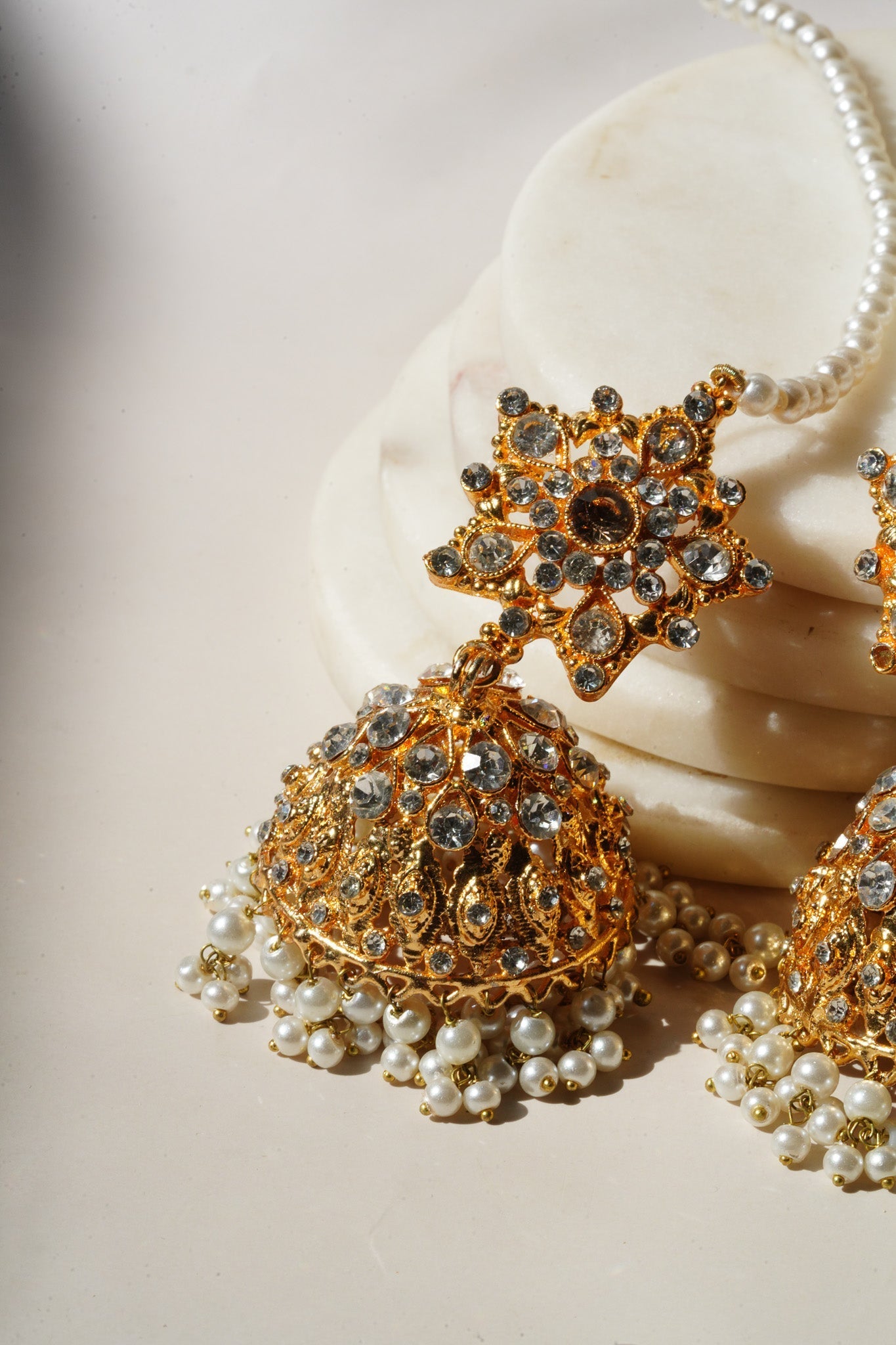 Tania - Lightweight Jhumka With Beaded Tana Chain - Inaury - Gold & Pearl - Star Shaped Top - AC - AC Earrings - All