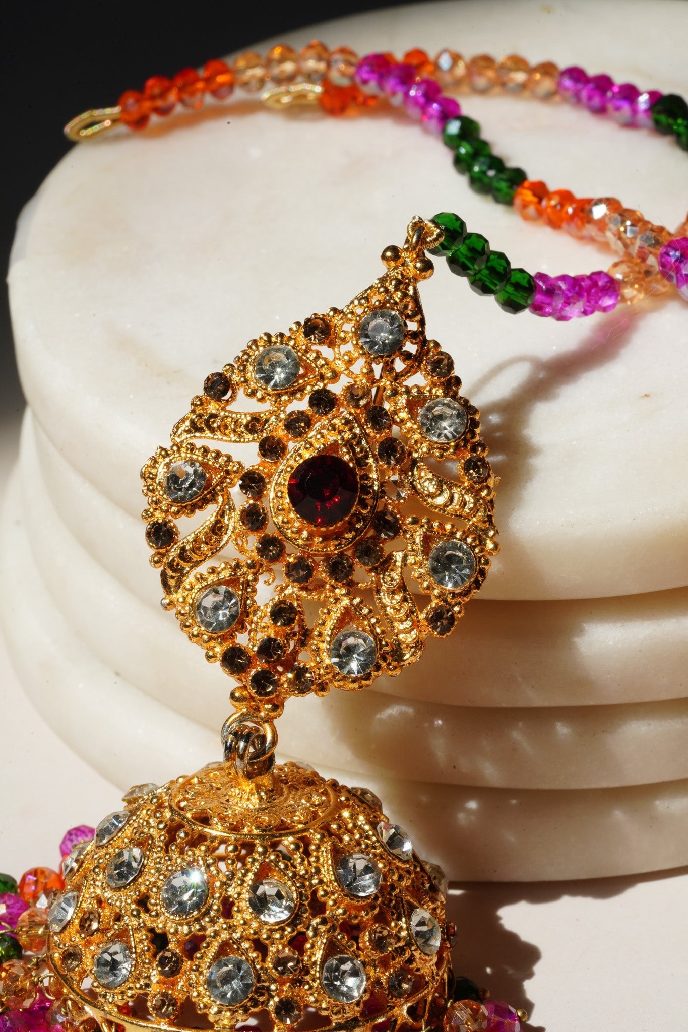 Tania - Lightweight Jhumka With Beaded Tana Chain - Inaury - Gold & Multicolor - Paan Shaped Top - 2 - AC - AC Earrings - All