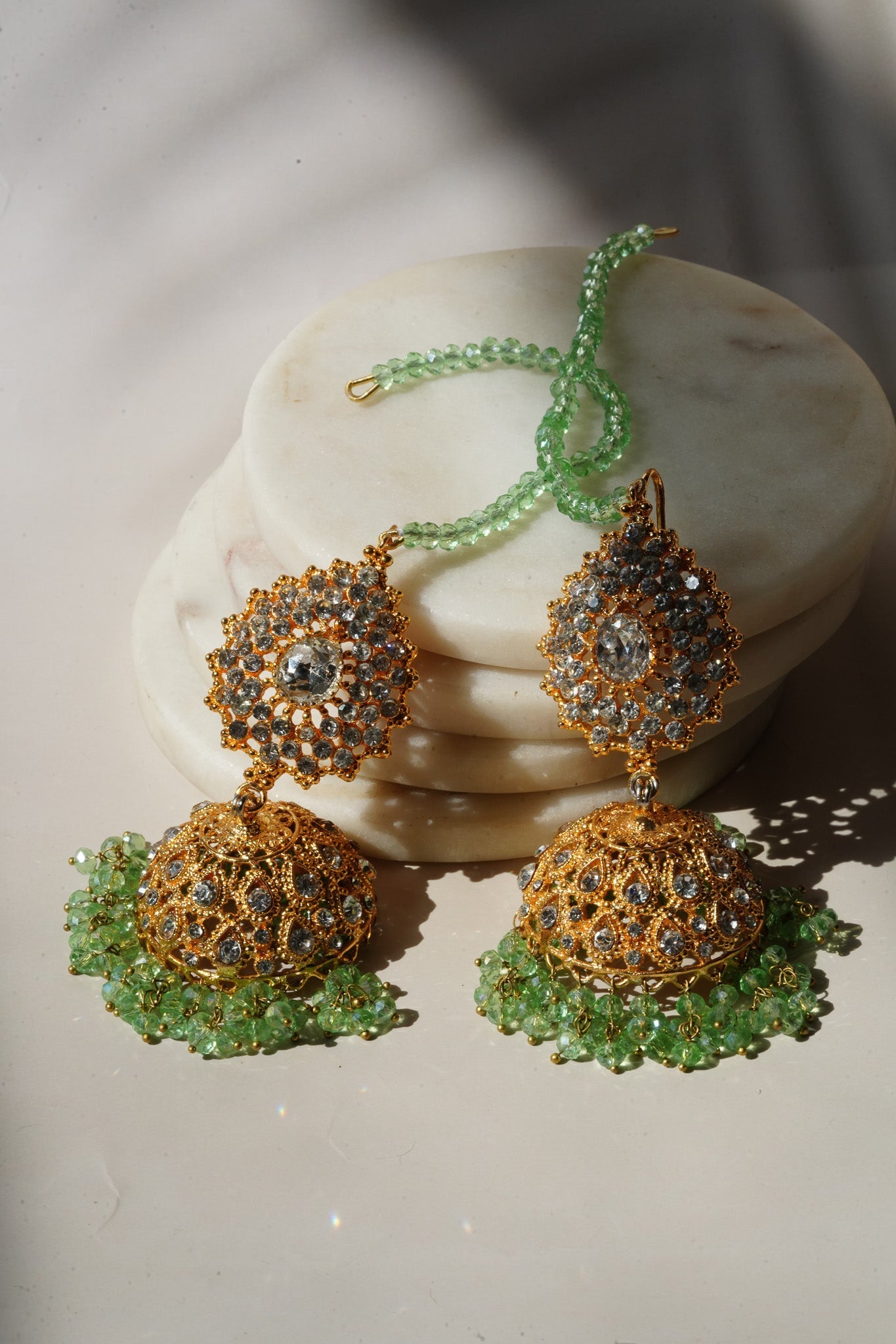 Tania - Lightweight Jhumka With Beaded Tana Chain - Inaury - Gold & Sage Green - Paan Shaped Top - 2 - AC - AC Earrings - All