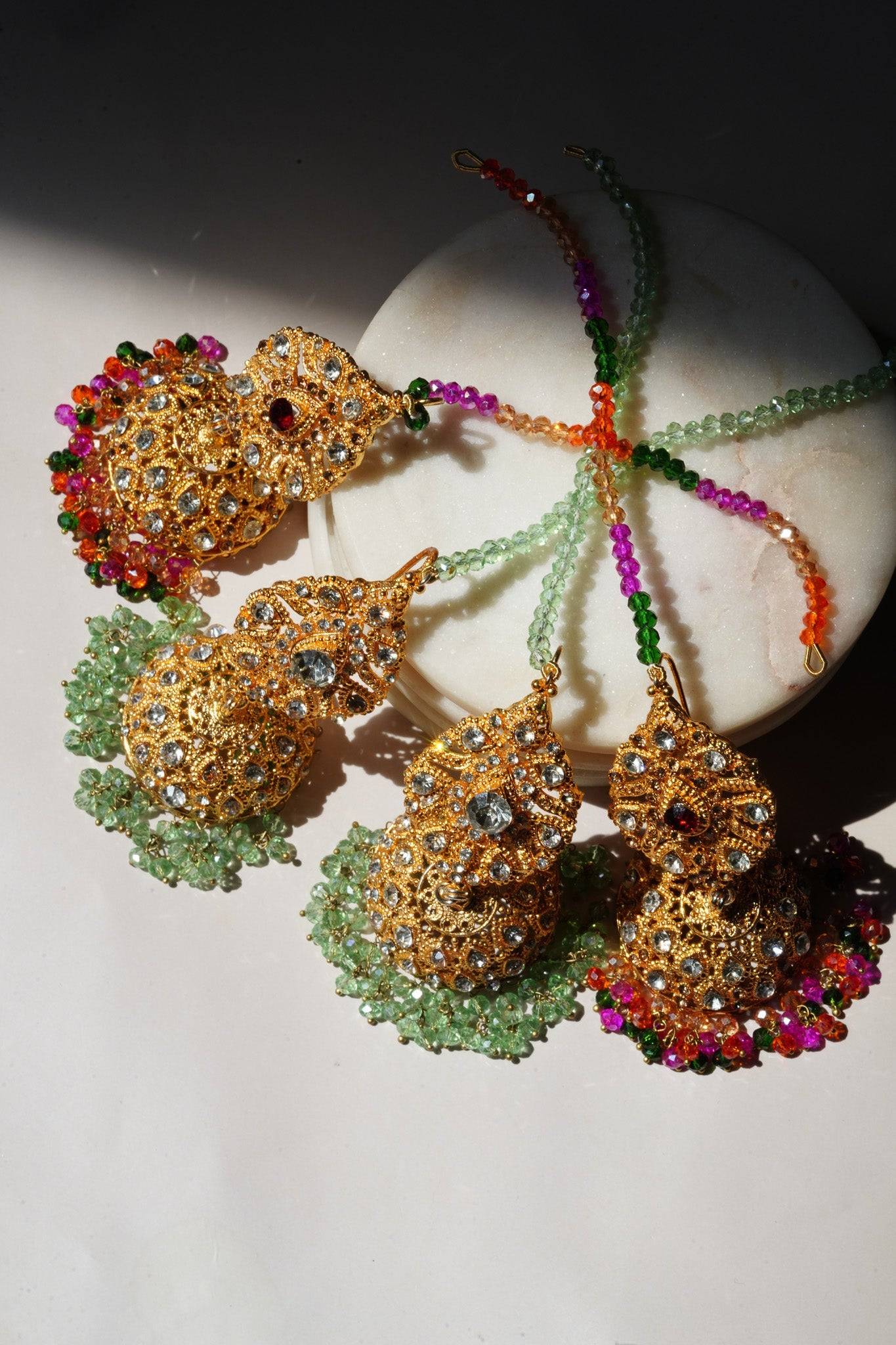 Tania - Lightweight Jhumka With Beaded Tana Chain - Inaury - Gold & Multicolor - Paan Shaped Top - 2 - AC - AC Earrings - All