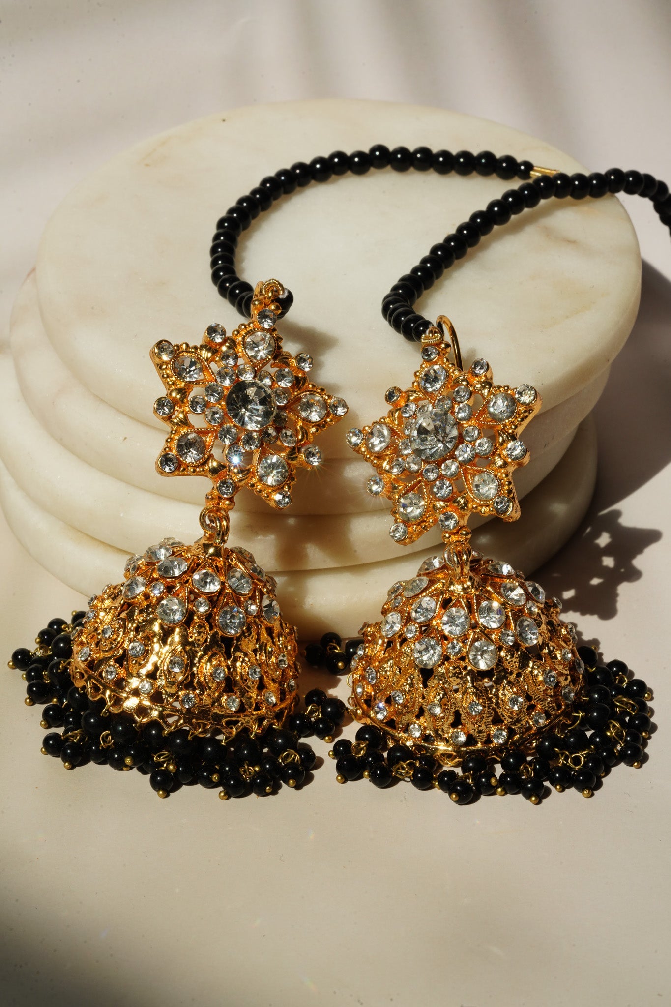 Tania - Lightweight Jhumka With Beaded Tana Chain - Inaury - Gold & Multicolor - Paan Shaped Top - 2 - AC - AC Earrings - All