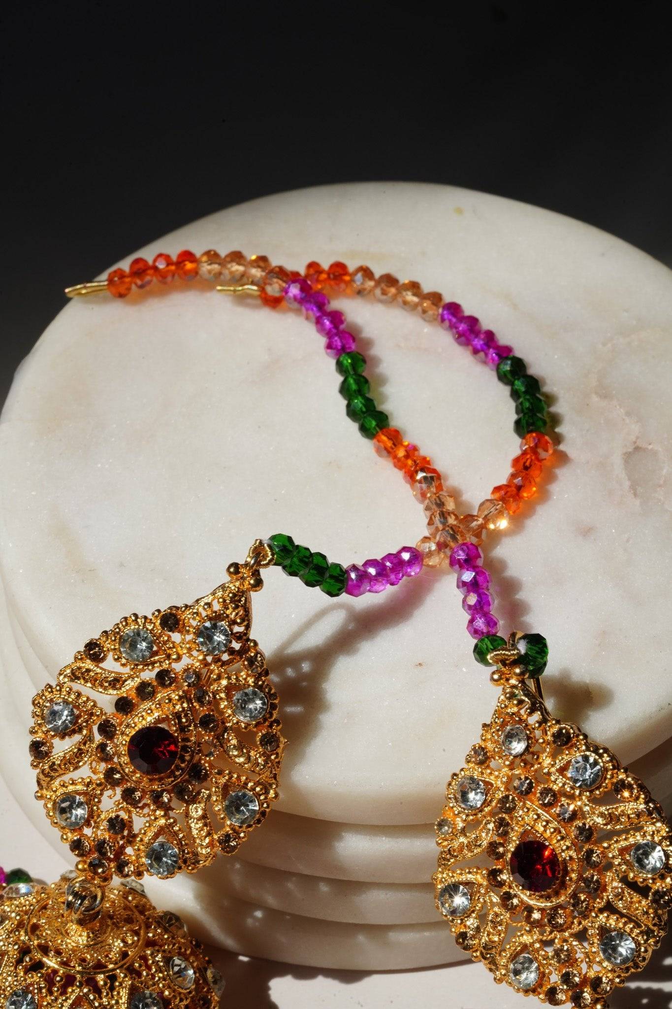 Tania - Lightweight Jhumka With Beaded Tana Chain - Inaury - Gold & Multicolor - Paan Shaped Top - 2 - AC - AC Earrings - All