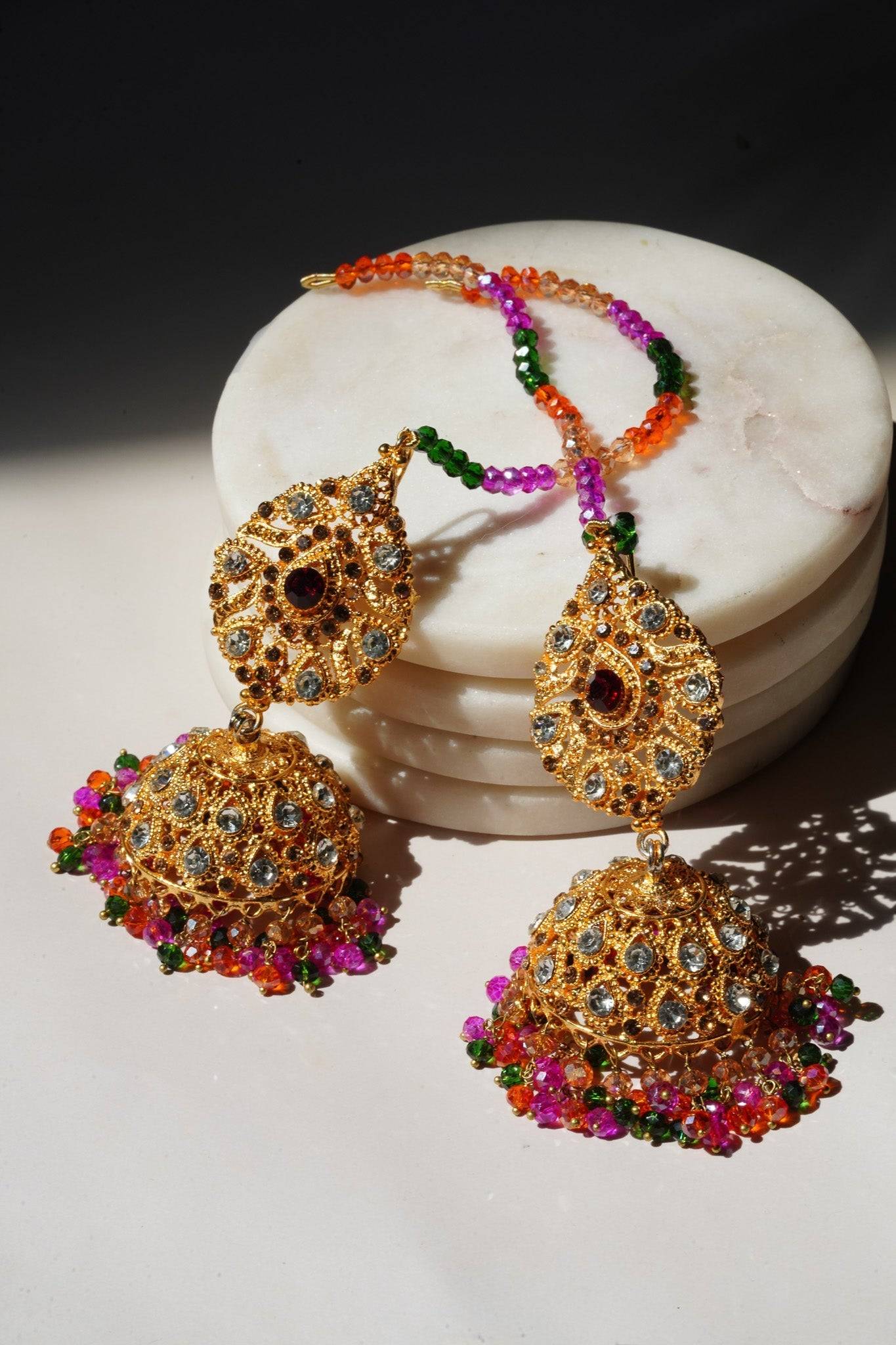 Tania - Lightweight Jhumka With Beaded Tana Chain - Inaury - Gold & Multicolor - Paan Shape Top - 1 - AC - AC Earrings - All