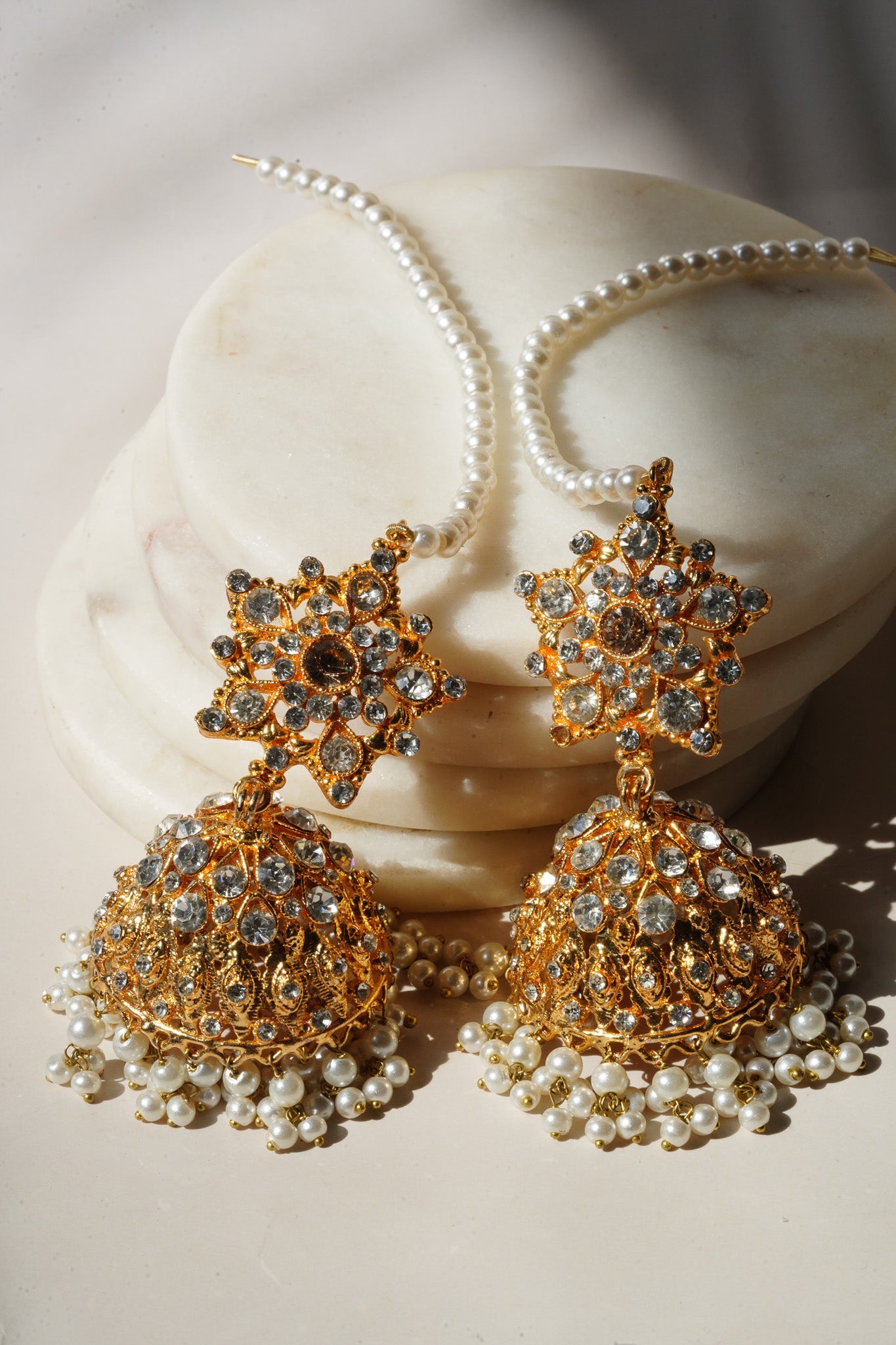 Tania - Lightweight Jhumka With Beaded Tana Chain - Inaury - Gold & Multicolor - Paan Shaped Top - 2 - AC - AC Earrings - All
