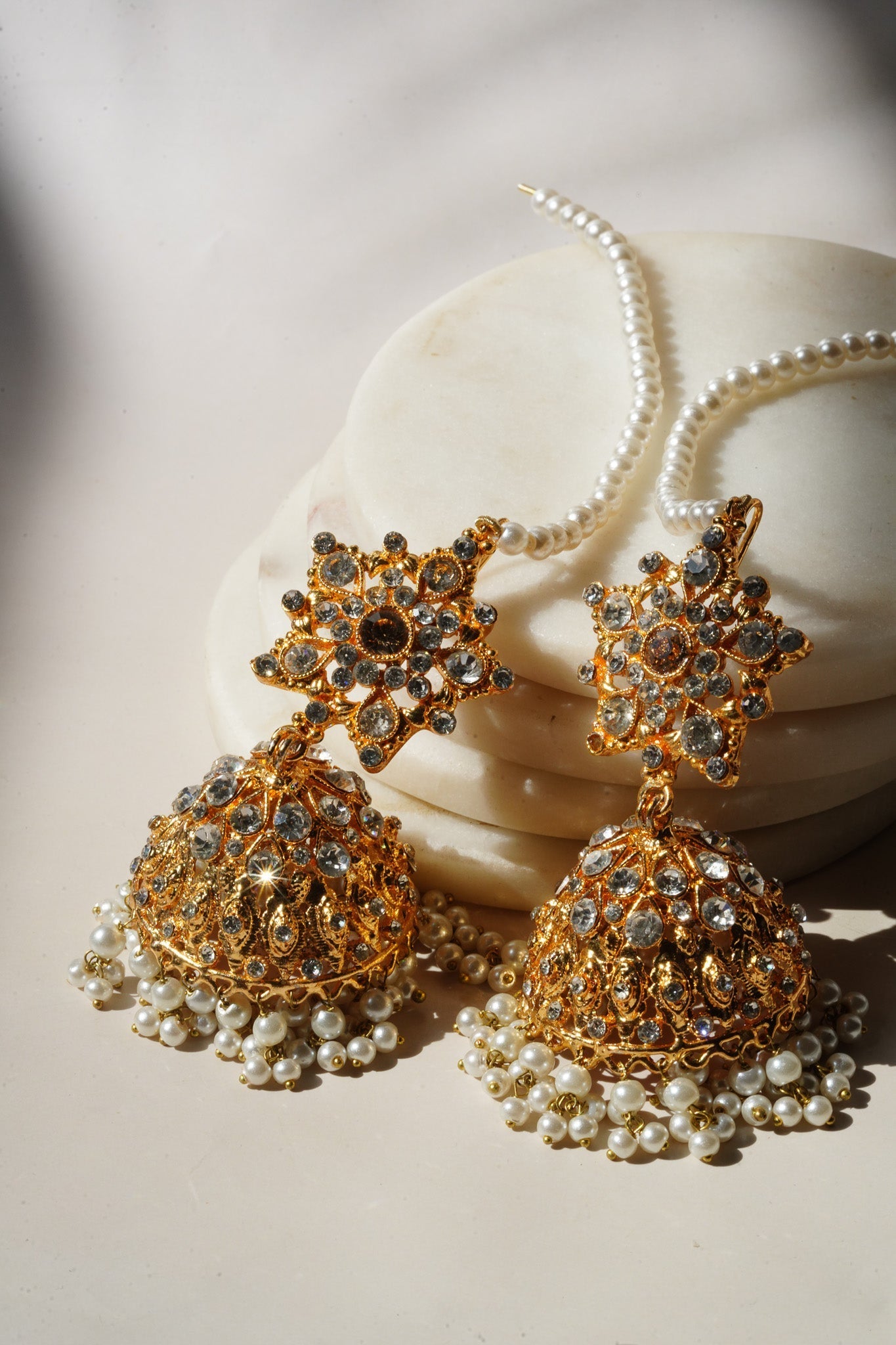 Tania - Lightweight Jhumka With Beaded Tana Chain - Inaury - Gold & Pearl - Star Shaped Top - AC - AC Earrings - All