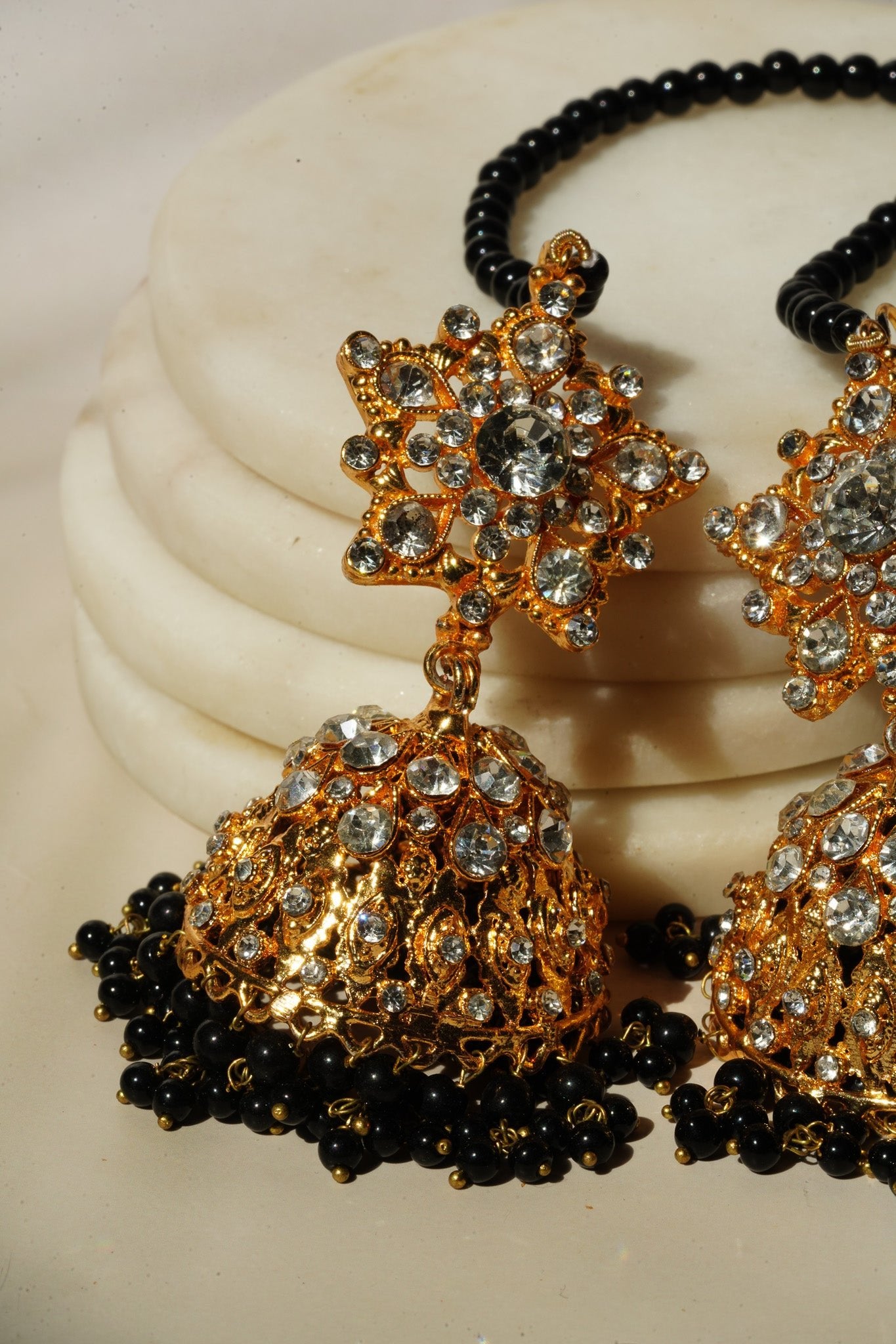 Tania - Lightweight Jhumka With Beaded Tana Chain - Inaury - Gold & Black - Star Shaped Top - AC - AC Earrings - All