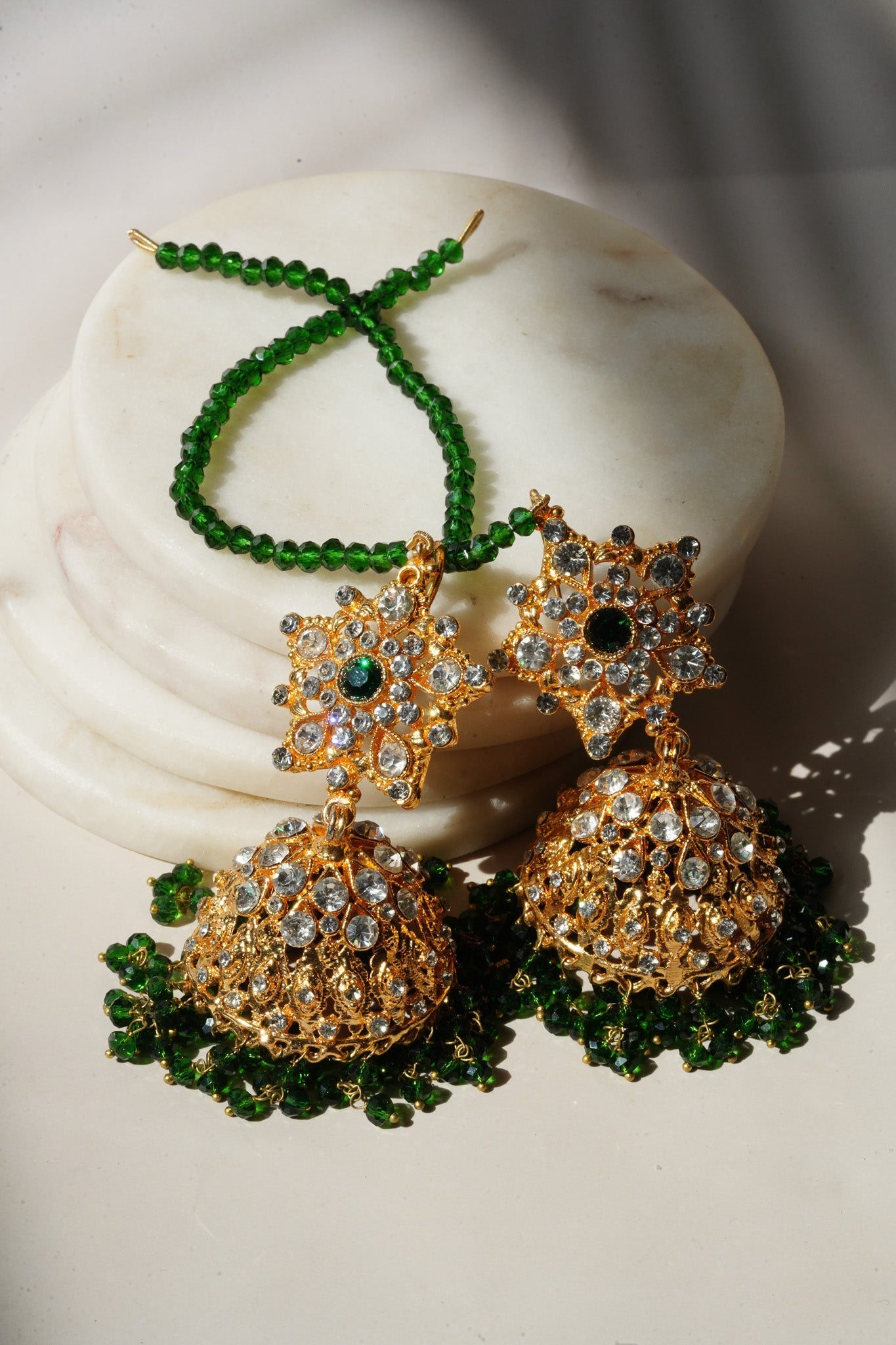 Tania - Lightweight Jhumka With Beaded Tana Chain - Inaury - Gold & Multicolor - Paan Shape Top - 1 - AC - AC Earrings - All