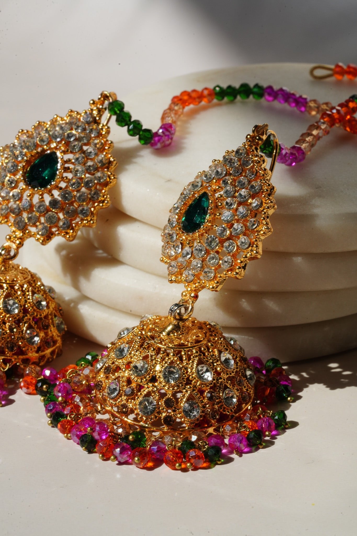 Tania - Lightweight Jhumka With Beaded Tana Chain - Inaury - Gold & Multicolor - Paan Shaped Top - 2 - AC - AC Earrings - All