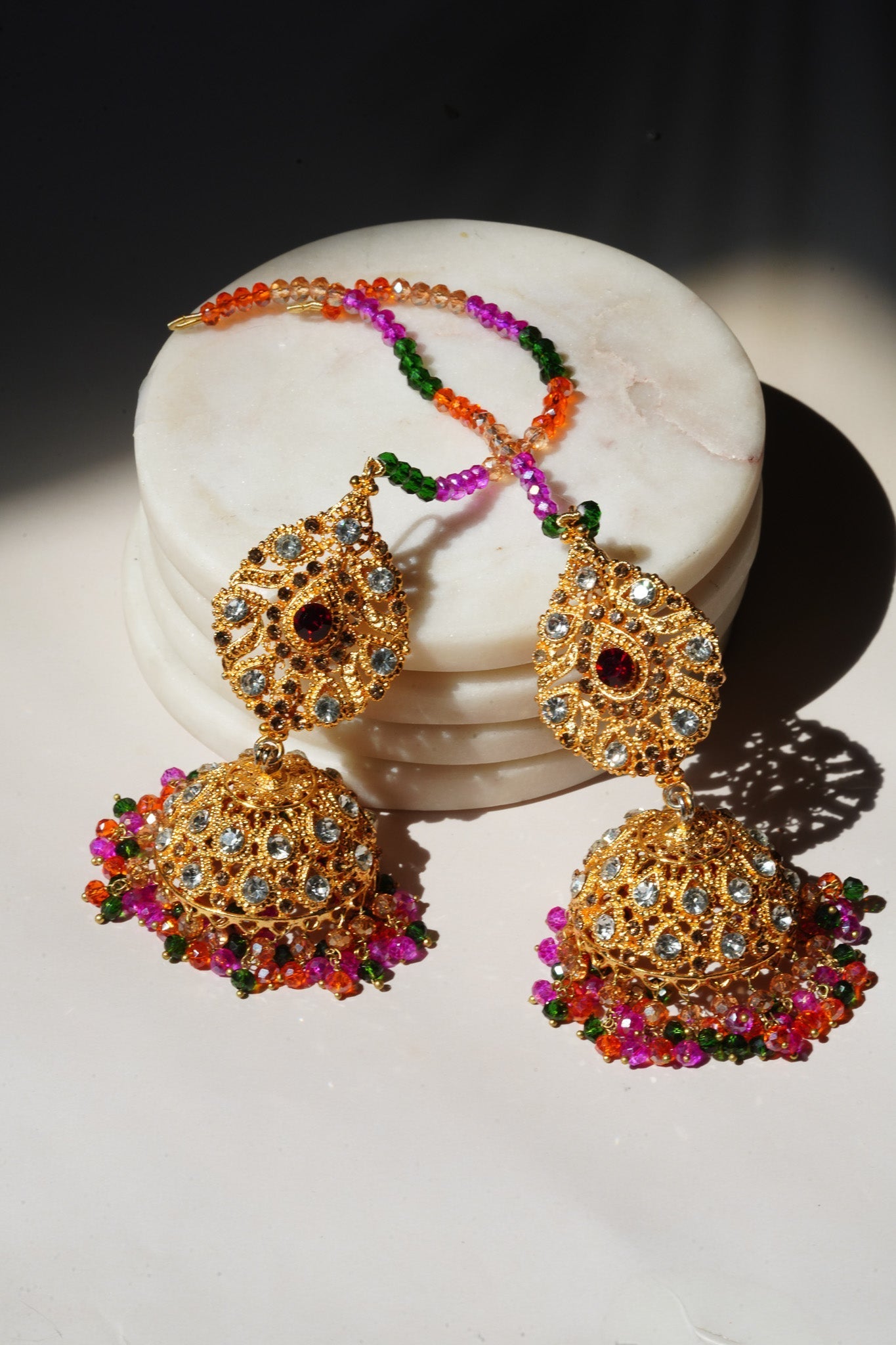 Tania - Lightweight Jhumka With Beaded Tana Chain - Inaury - Gold & Multicolor - Paan Shape Top - 1 - AC - AC Earrings - All