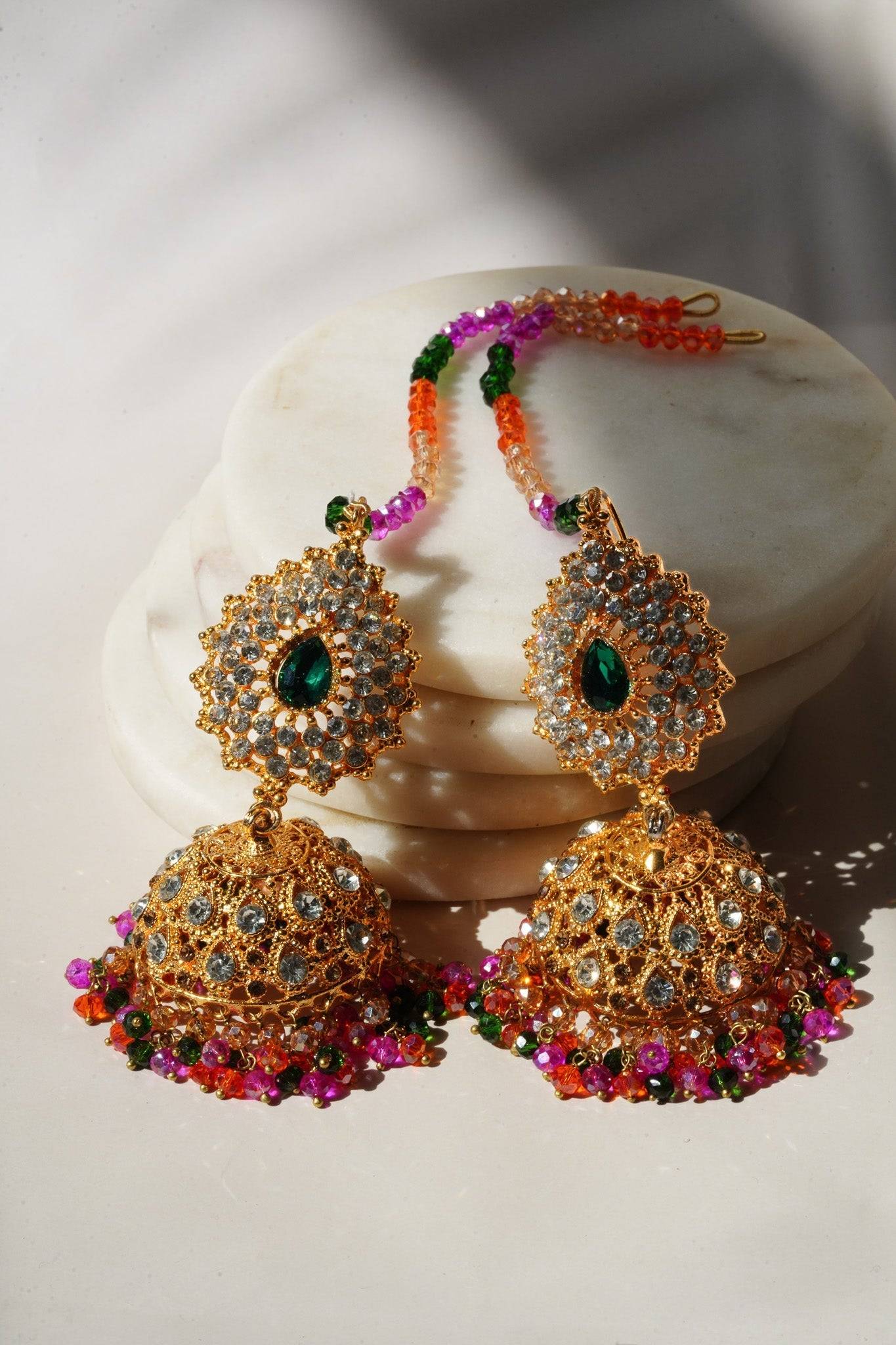 Tania - Lightweight Jhumka With Beaded Tana Chain - Inaury - Gold & Lavender - Paan Shaped Top - 2 - AC - AC Earrings - All