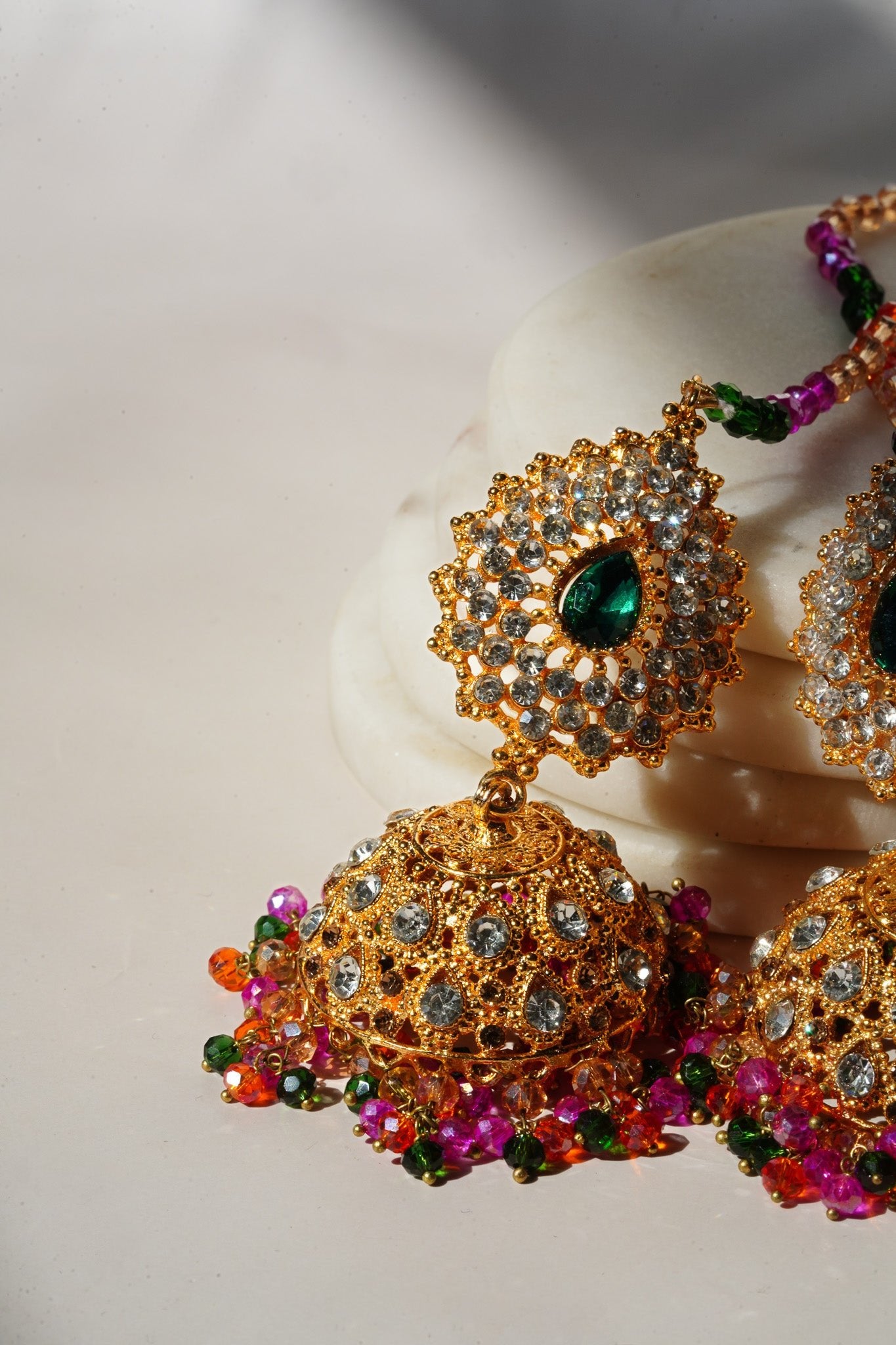 Tania - Lightweight Jhumka With Beaded Tana Chain - Inaury - Gold & Multicolor - Paan Shaped Top - 2 - AC - AC Earrings - All