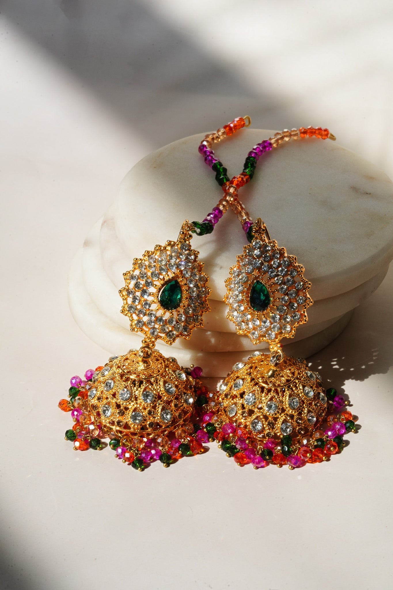 Tania - Lightweight Jhumka With Beaded Tana Chain - Inaury - Gold & Multicolor - Paan Shaped Top - 2 - AC - AC Earrings - All