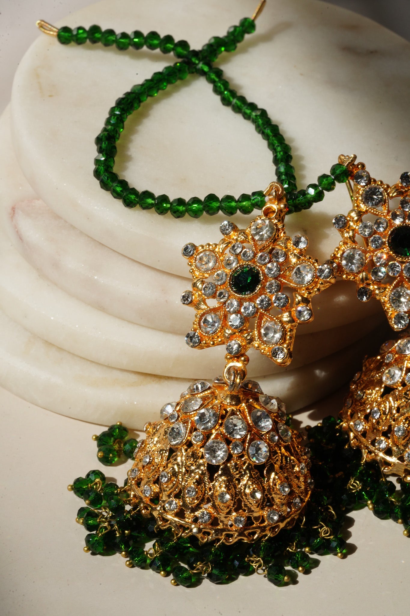 Tania - Lightweight Jhumka With Beaded Tana Chain - Inaury - Gold & Multicolor - Paan Shaped Top - 2 - AC - AC Earrings - All