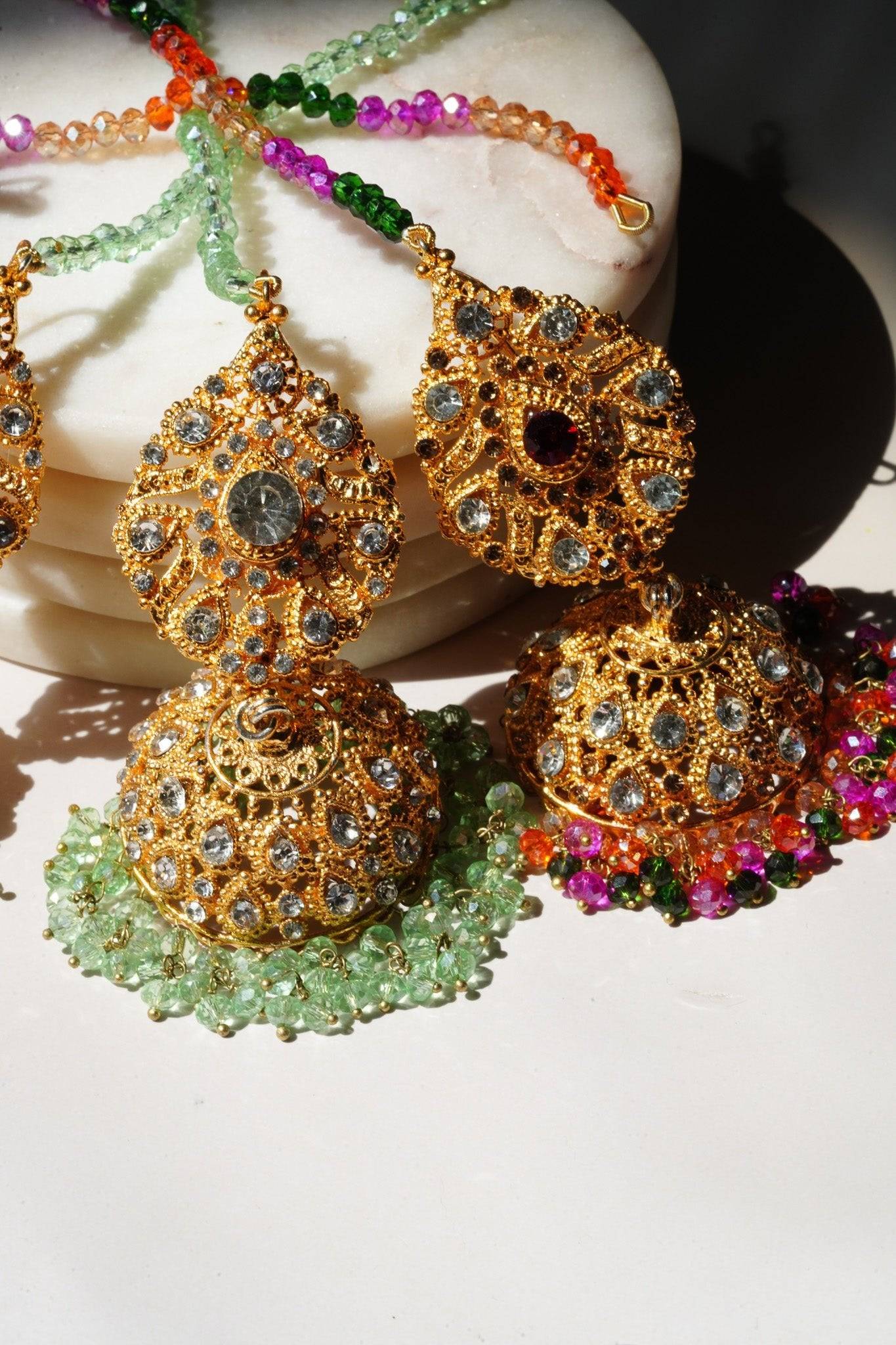 Tania - Lightweight Jhumka With Beaded Tana Chain - Inaury - Gold & Multicolor - Paan Shaped Top - 2 - AC - AC Earrings - All