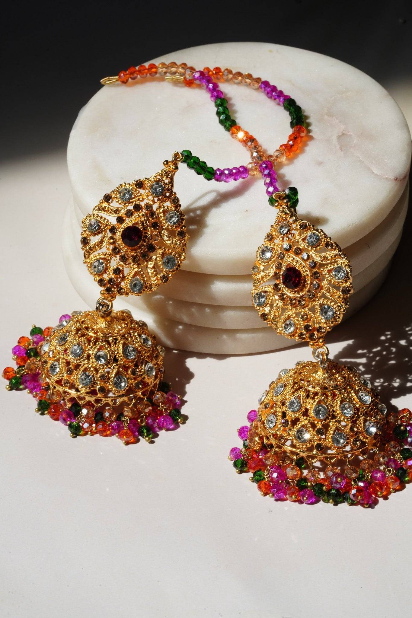 Tania - Lightweight Jhumka With Beaded Tana Chain - Inaury - Gold & Multicolor - Paan Shaped Top - 2 - AC - AC Earrings - All