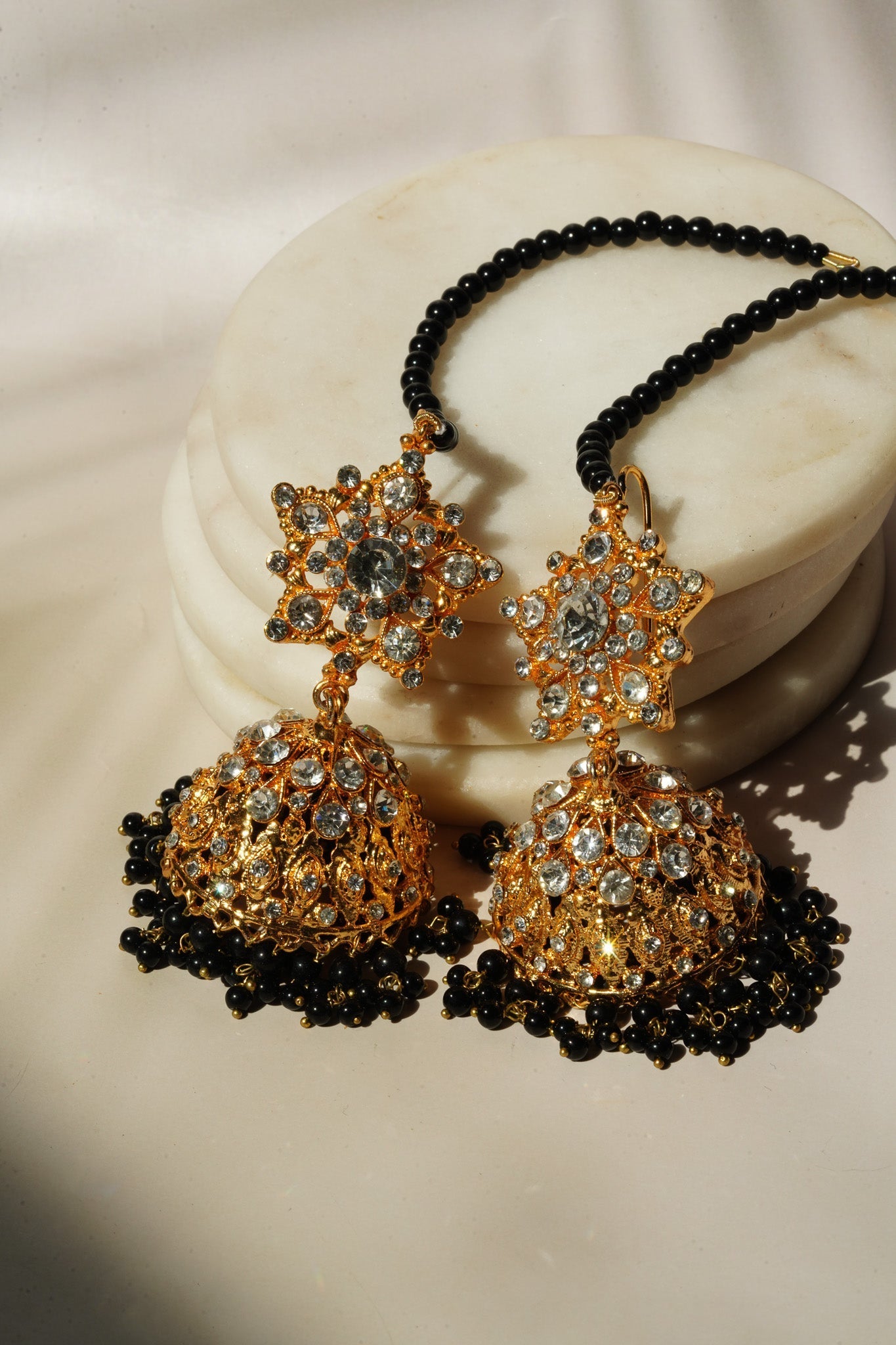 Tania - Lightweight Jhumka With Beaded Tana Chain - Inaury - Gold & Black - Star Shaped Top - AC - AC Earrings - All