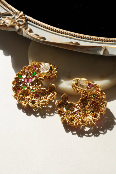 Tina Navratan Statement Top Earrings with vibrant multicolor stones and gold-tone, showcasing intricate craftsmanship, perfect for any outfit.