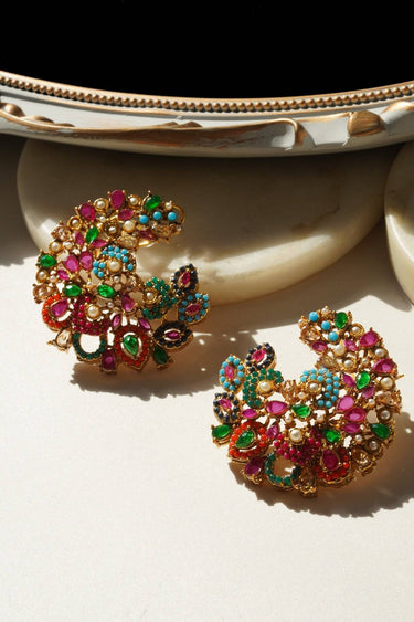 Tina Navratan Statement Top Earrings with vibrant multicolor stones and gold-tone, showcasing intricate craftsmanship, perfect for any outfit.
