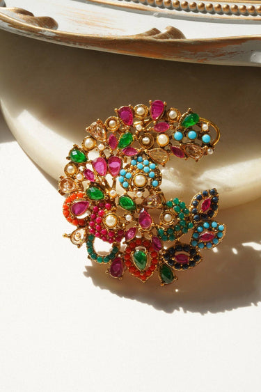 Tina Navratan Statement Top Earrings with vibrant multicolor stones and gold-tone, showcasing intricate craftsmanship, perfect for any outfit.