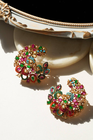 Tina Navratan Statement Top Earrings with vibrant multicolor stones and gold-tone, showcasing intricate craftsmanship, perfect for any outfit.