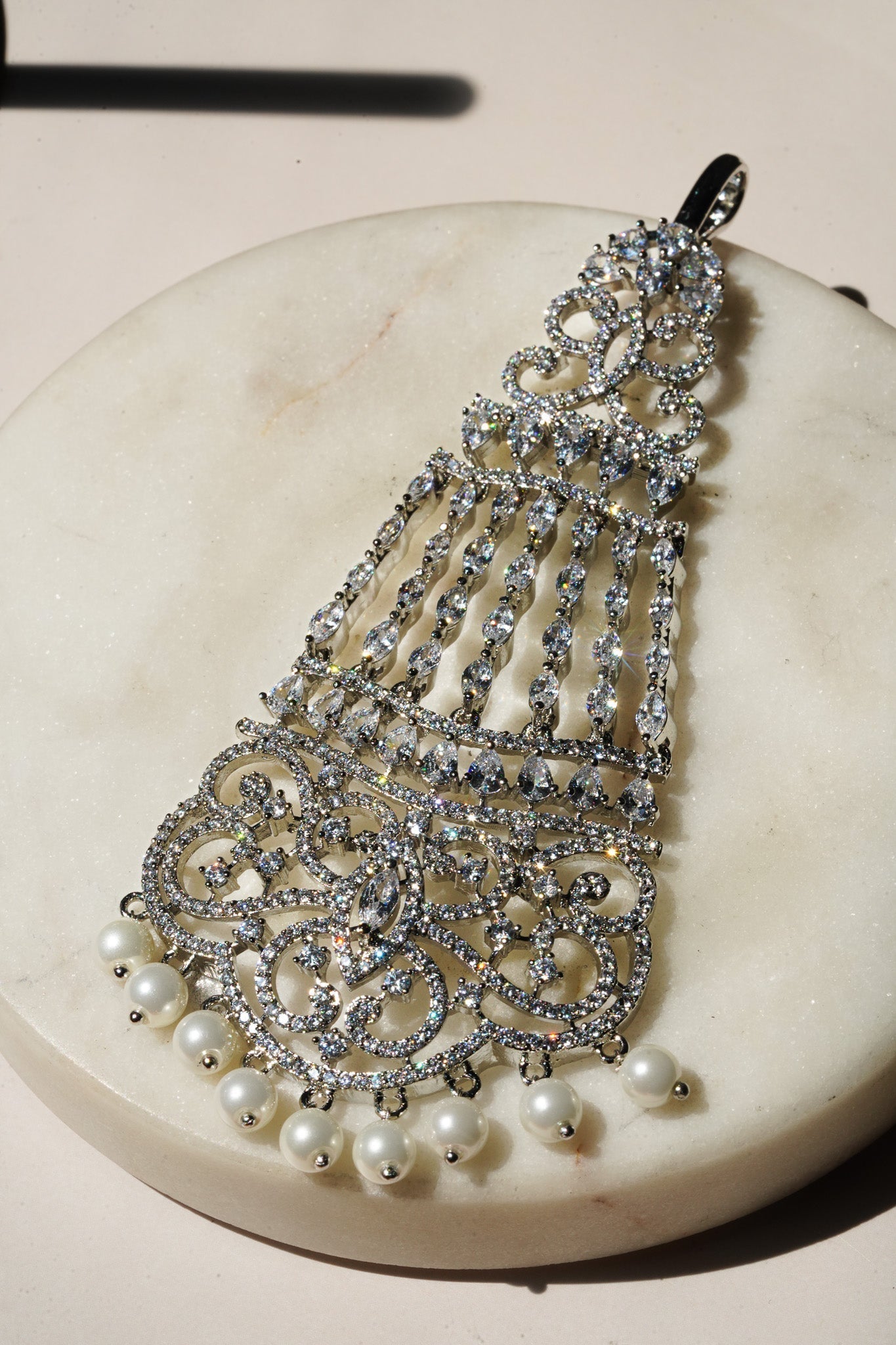 Zara - Silver AD Jhoomer-Passa With Pearls Passa - Jhoomer from Inaury