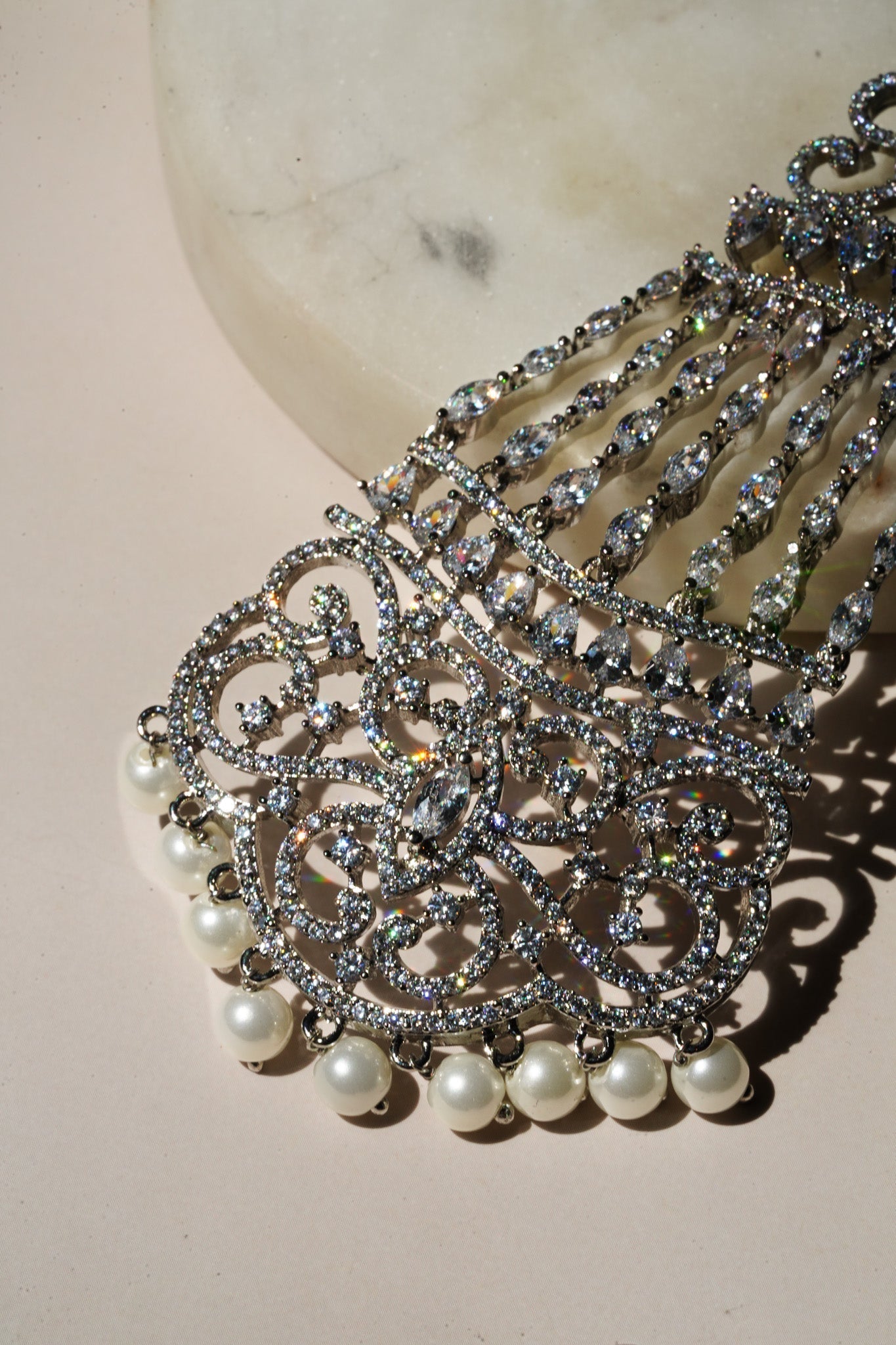Zara - Silver AD Jhoomer-Passa With Pearls Passa - Jhoomer from Inaury