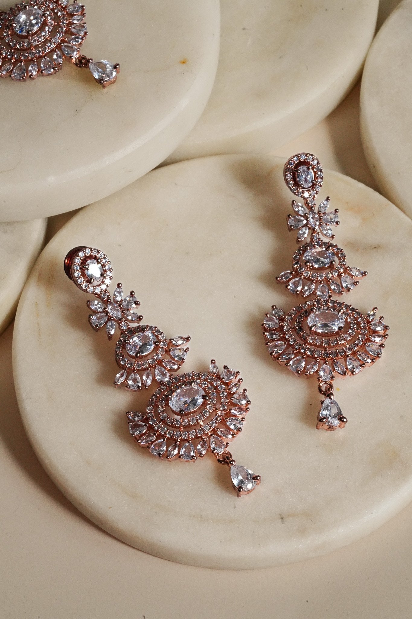 Zarina - Rose Gold AD Chandelier Earrings & Maang Tikka Set Earrings & Tikka Set from Inaury